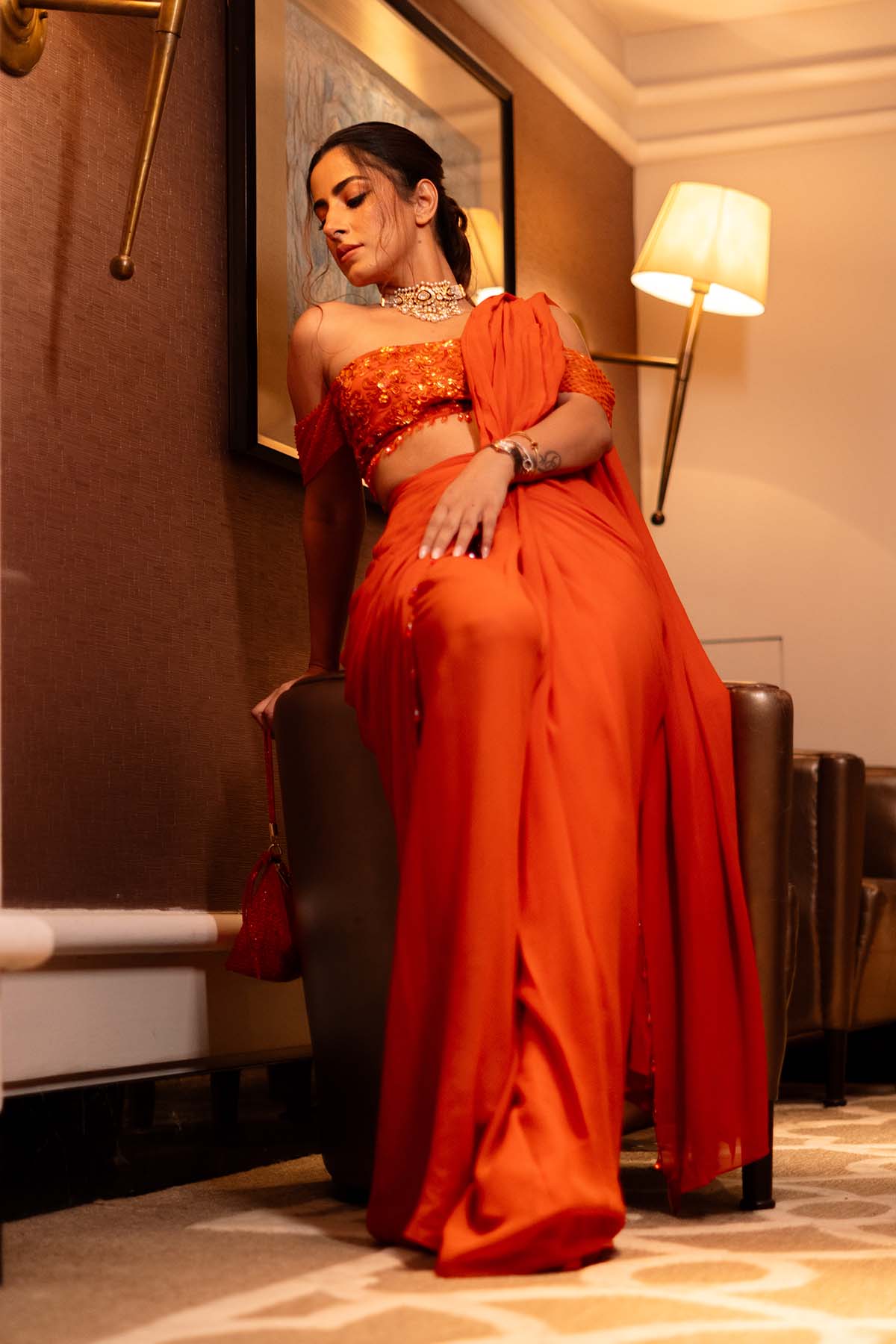 Kulveer Malhotra In Rust Orange Off Shoulder Blouse Skirt Saree