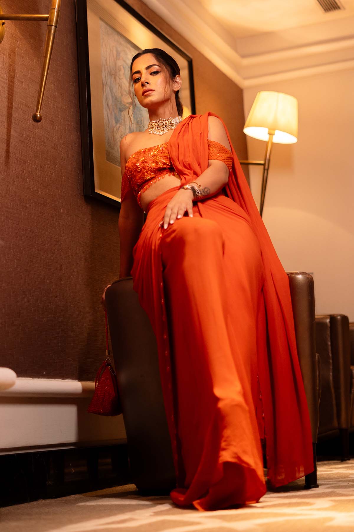 Kulveer Malhotra In Rust Orange Off Shoulder Blouse Skirt Saree