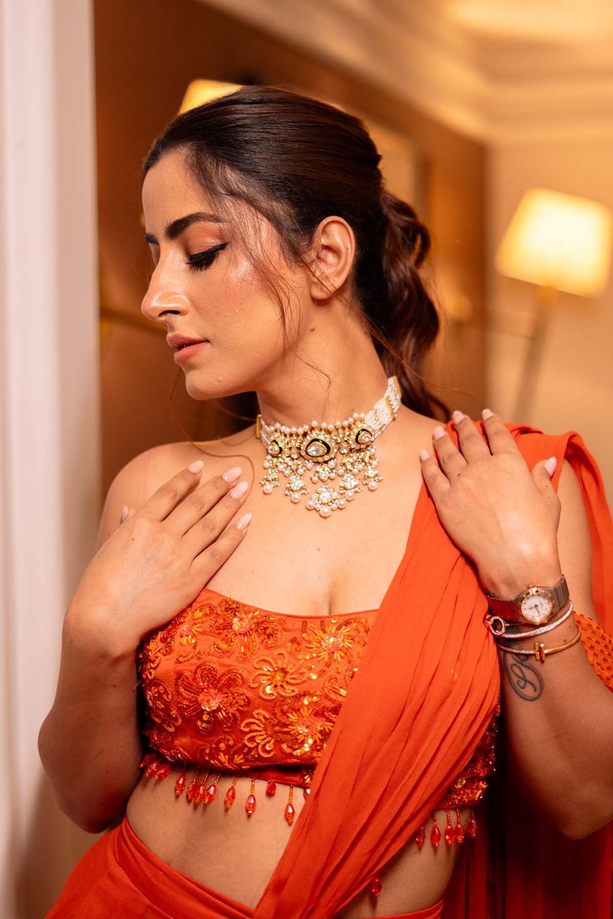 Kulveer Malhotra In Rust Orange Off Shoulder Blouse Skirt Saree