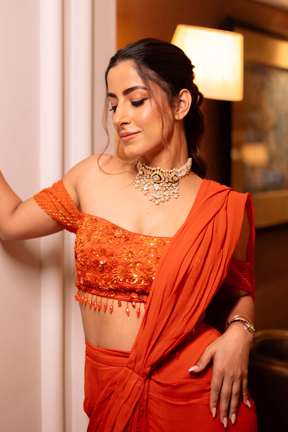 Kulveer Malhotra In Rust Orange Off Shoulder Blouse Skirt Saree