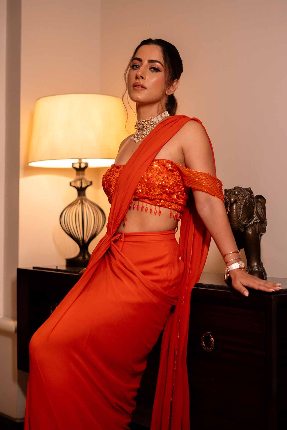Kulveer Malhotra In Rust Orange Off Shoulder Blouse Skirt Saree
