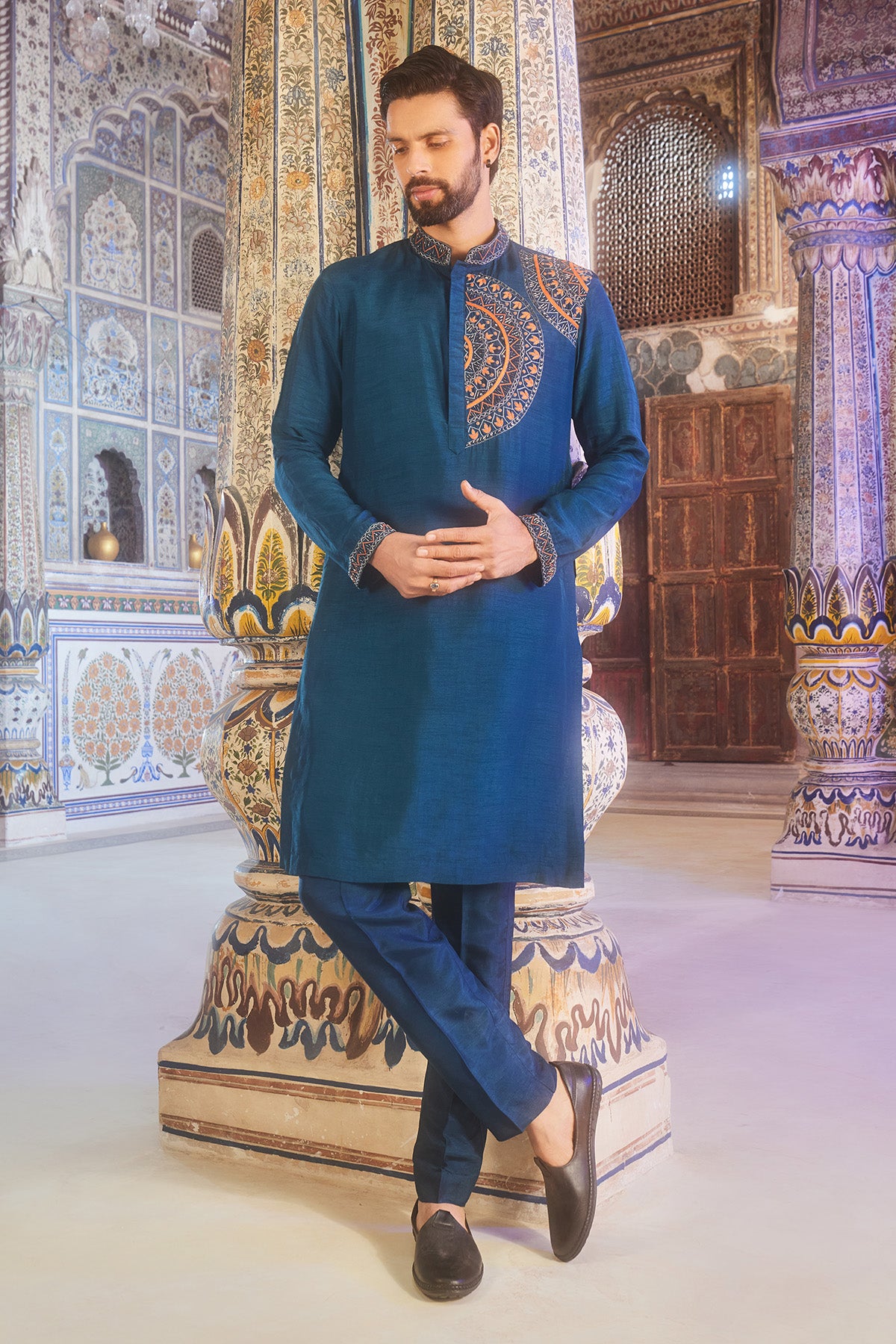 Teal blue one side embroidered kurta and pant