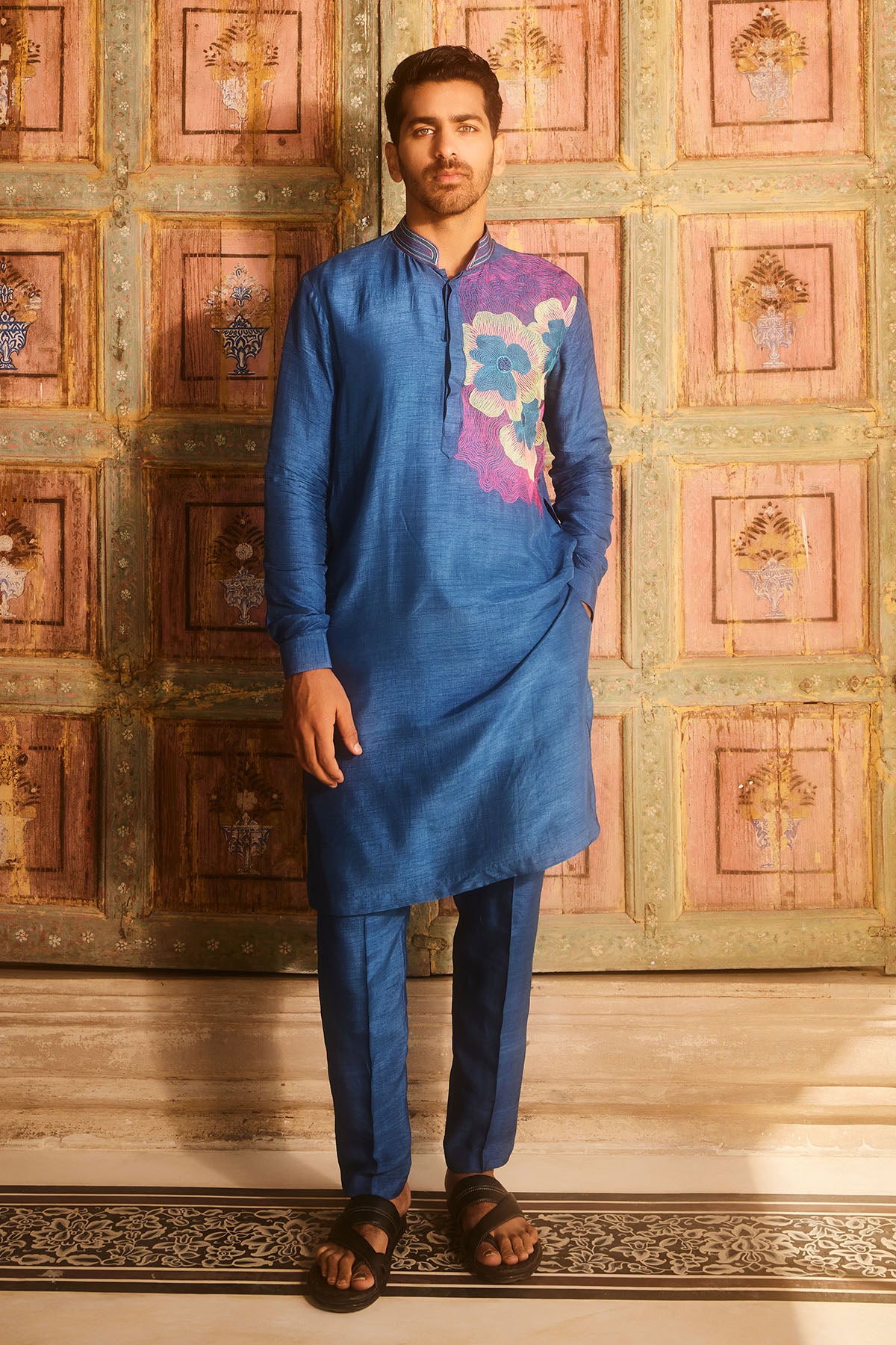 Indigo blue one side embroidered kurta and pant
