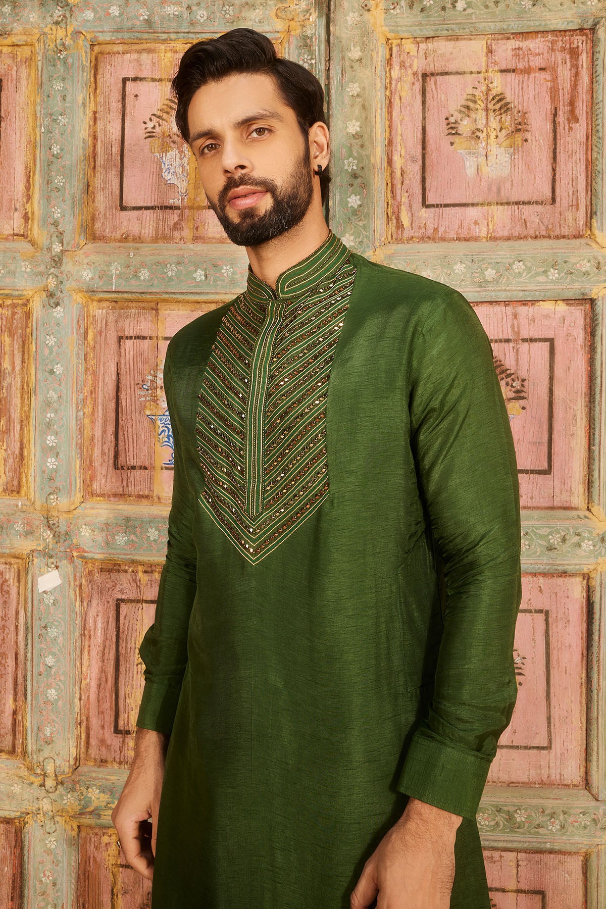 Olive green embroidered kurta set
