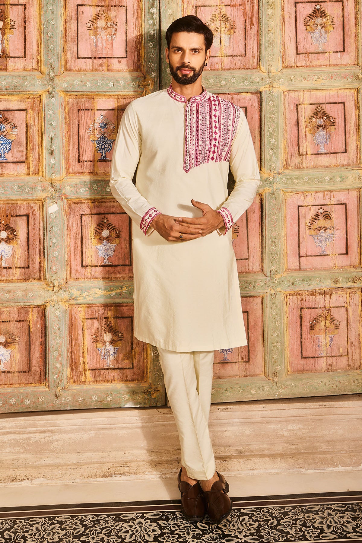 Pastel yellow one side thread embroidered kurta set