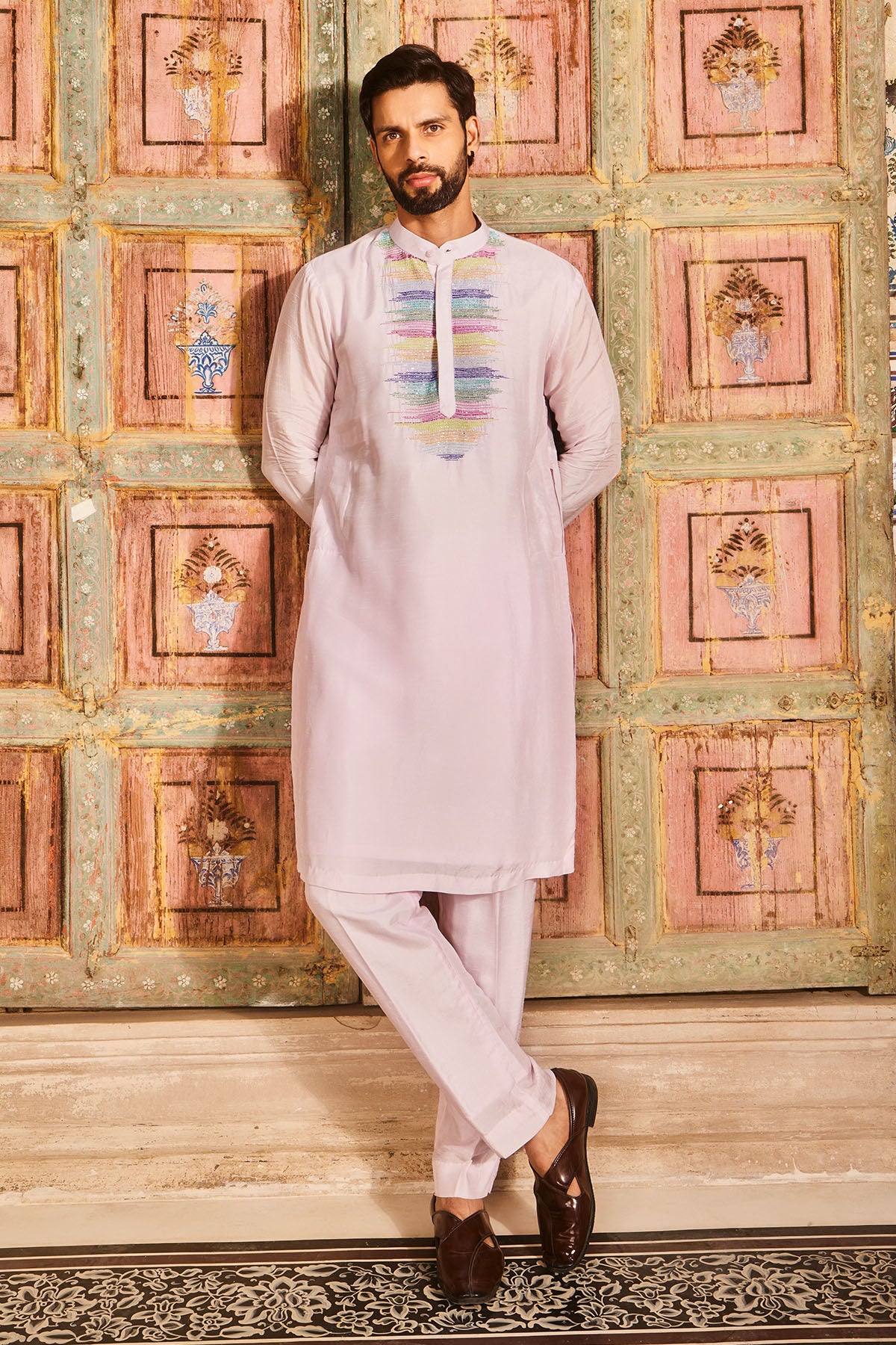 Vishnu Kaushal in Multicoloured Thread and Cutdana Embroidred Blush Pink Kurta and Pant