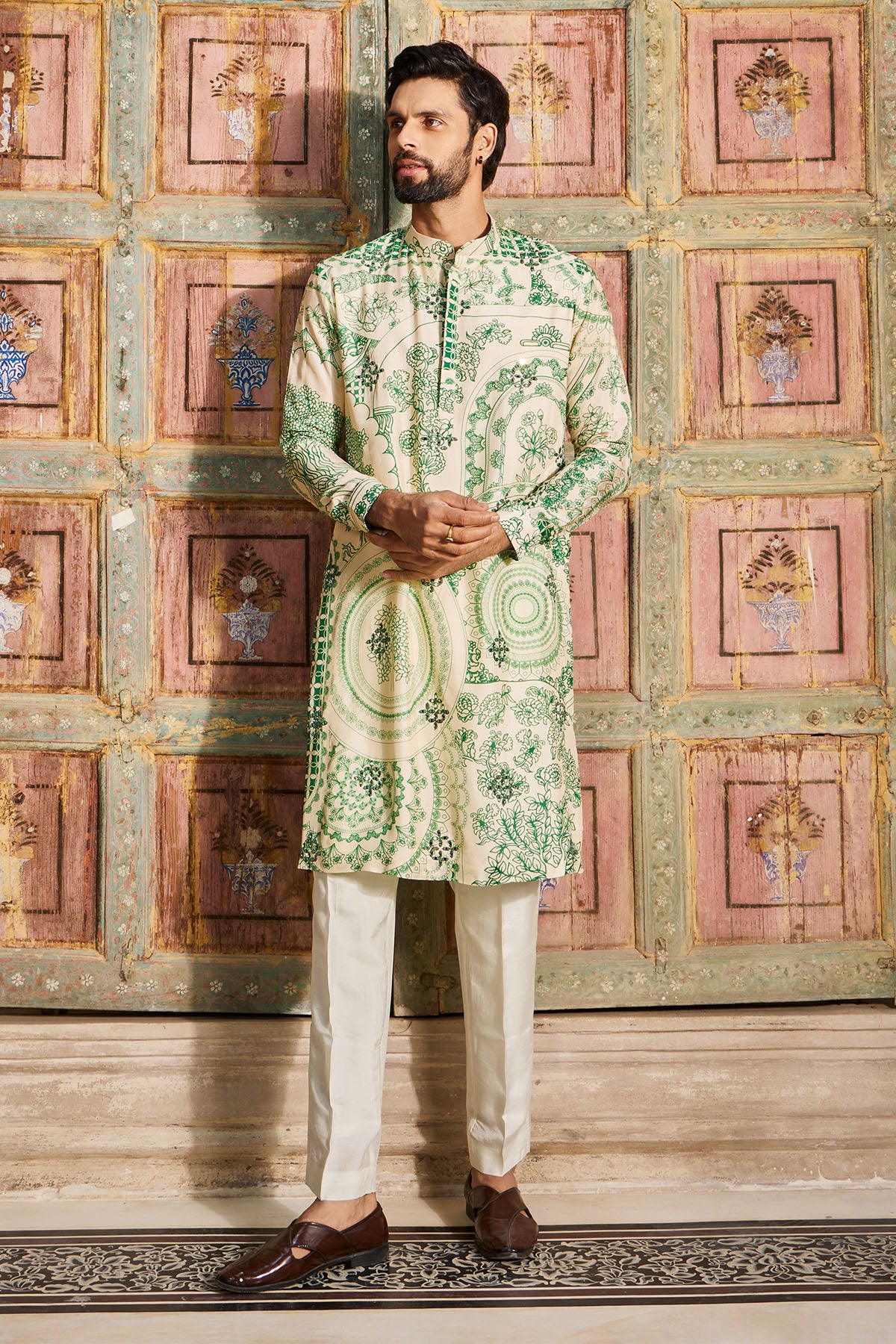 DARK GREEN THIKRI PRINT & HIGHLIGHTED KURTA SET