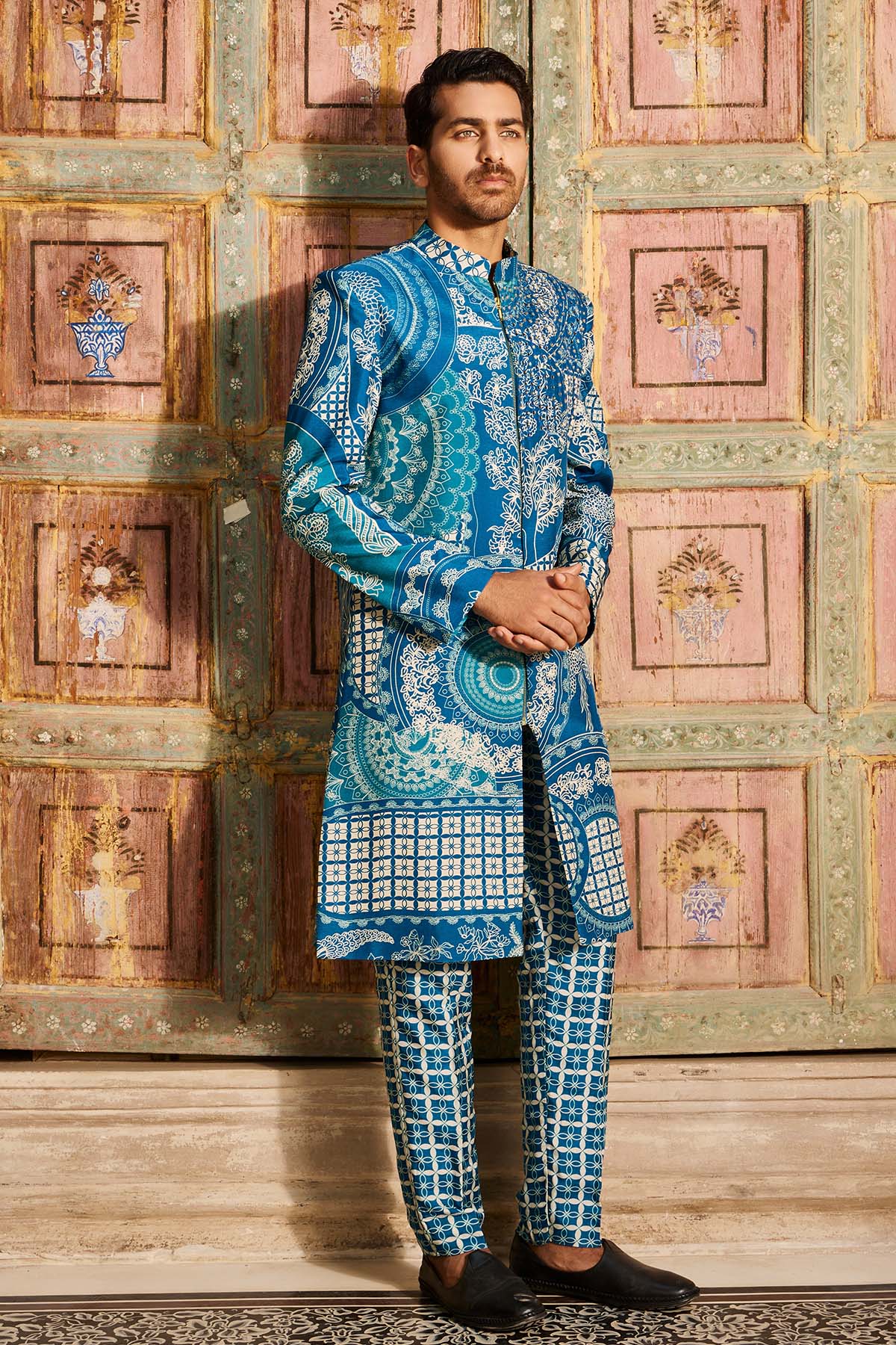 TEAL BLUE THIKRI PRINT & HIGHLIGHTED LONG JACKET SET