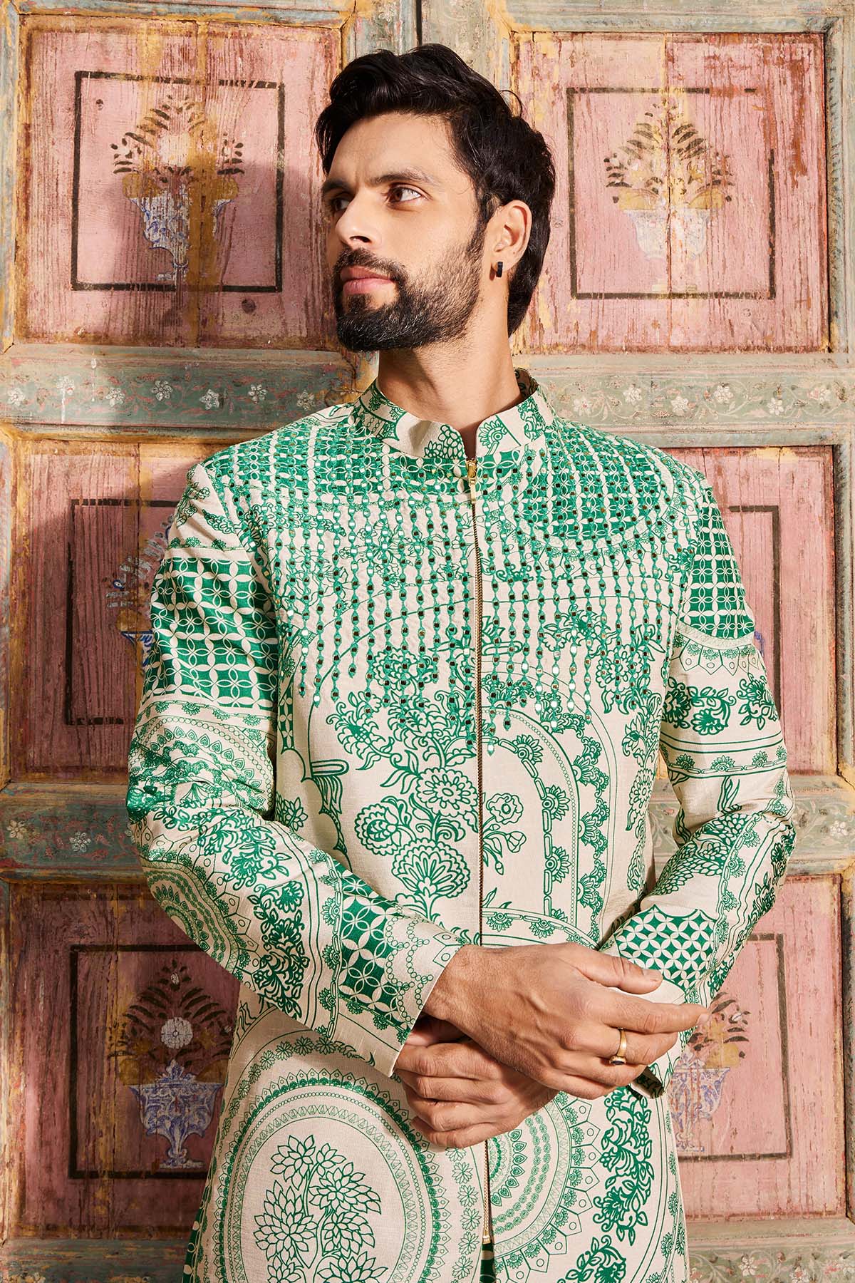 DARK GREEN THIKRI PRINT & HIGHLIGHTED LONG JACKET SET