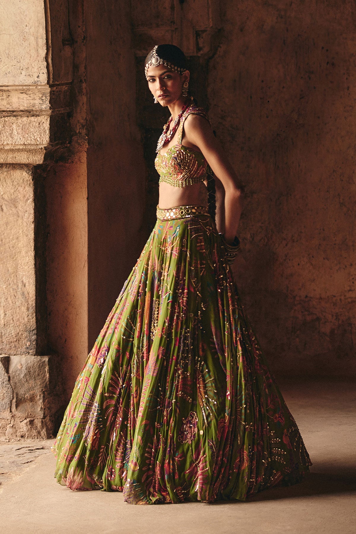 Pear Green Printed And Highlighted Lehenga Set