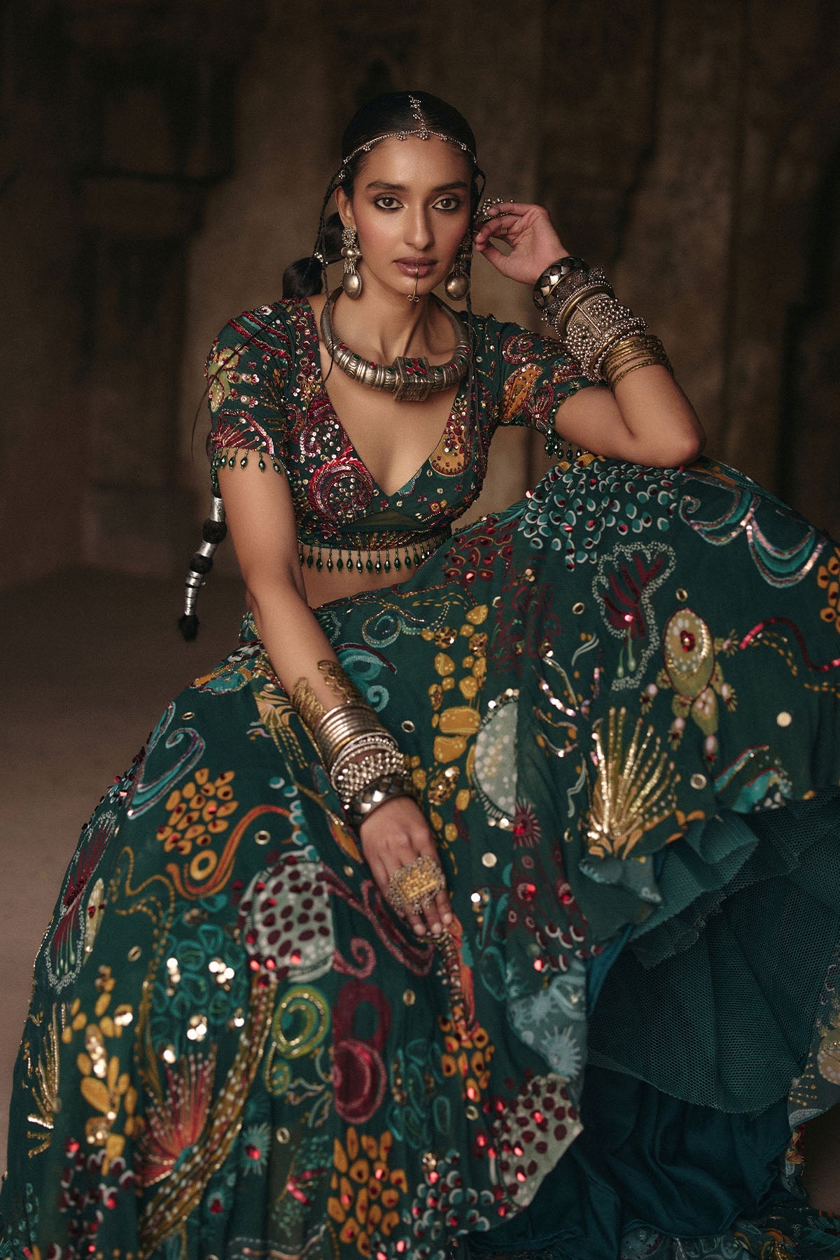 Dark Green Printed And Highlighted Lehenga Set