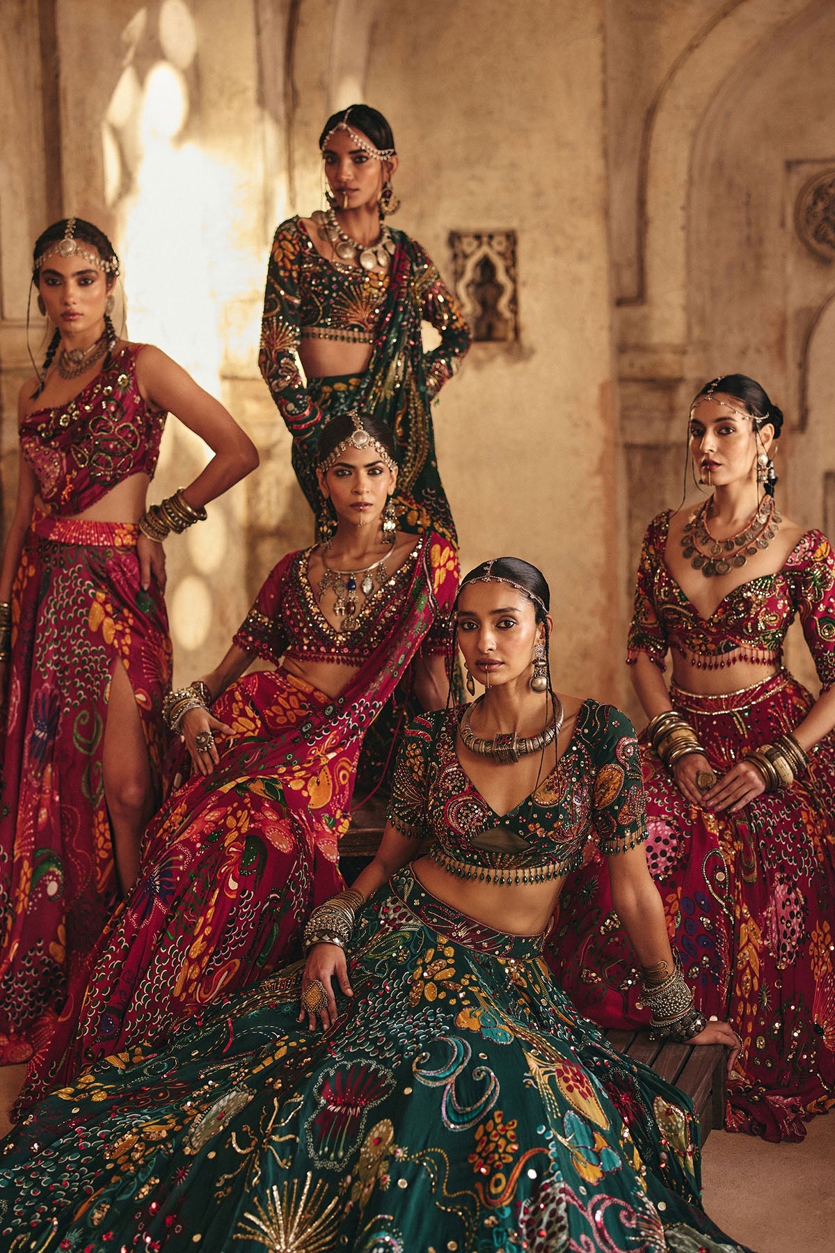 Dark Green Printed And Highlighted Tiered Skirt Saree Set