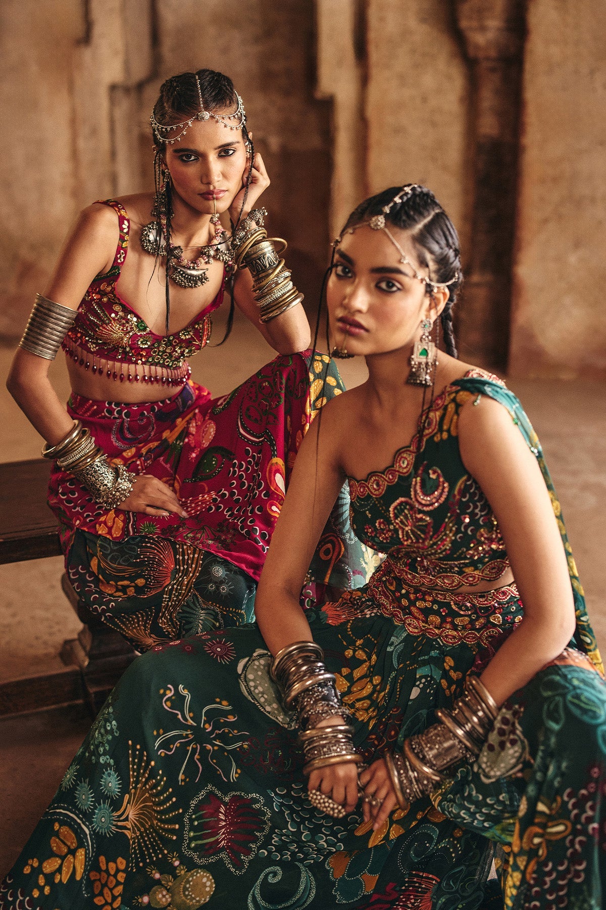 Dark Green Print And Highlighted Pleated Pants Set