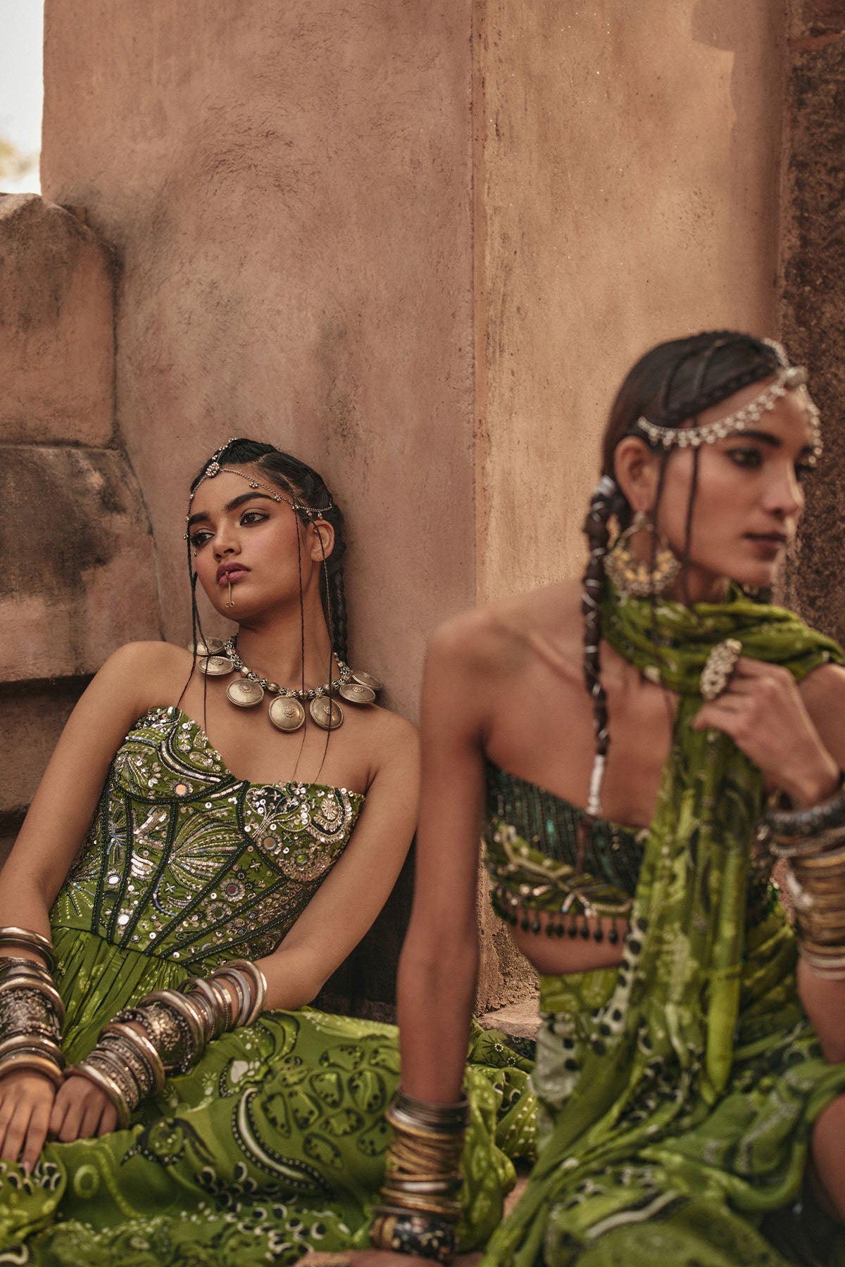 Pear Green Print And Highlighted Corset Gown