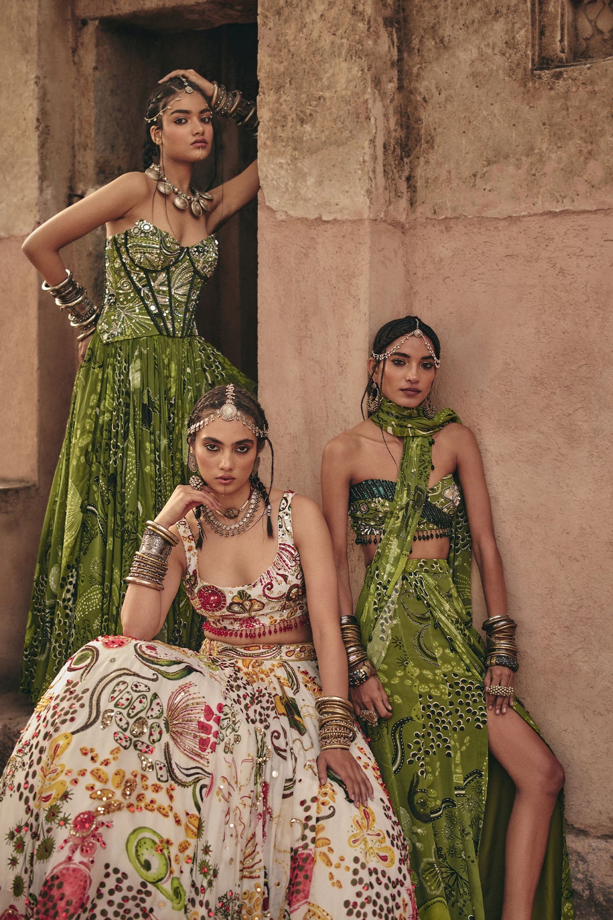 Pear Green Print And Highlighted Corset Gown