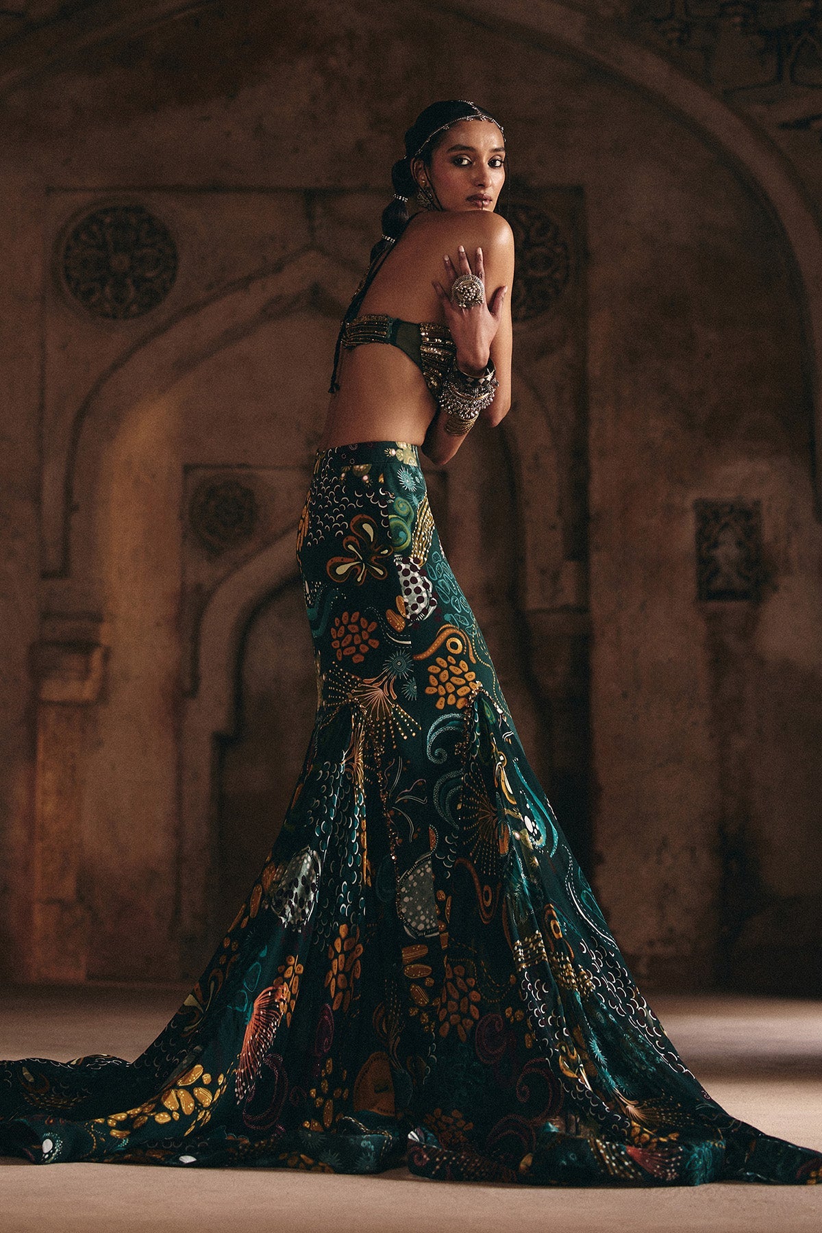 Dark Green Embroidered Blouse And Fishtail Skirt Set