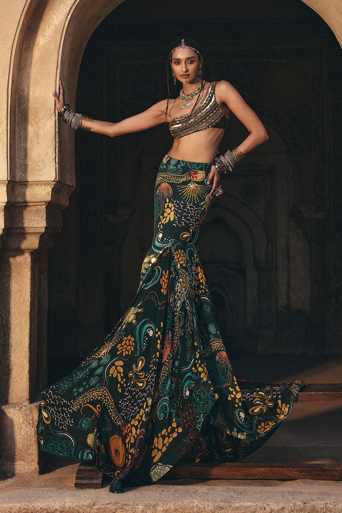 Dark Green Embroidered Blouse And Fishtail Skirt Set