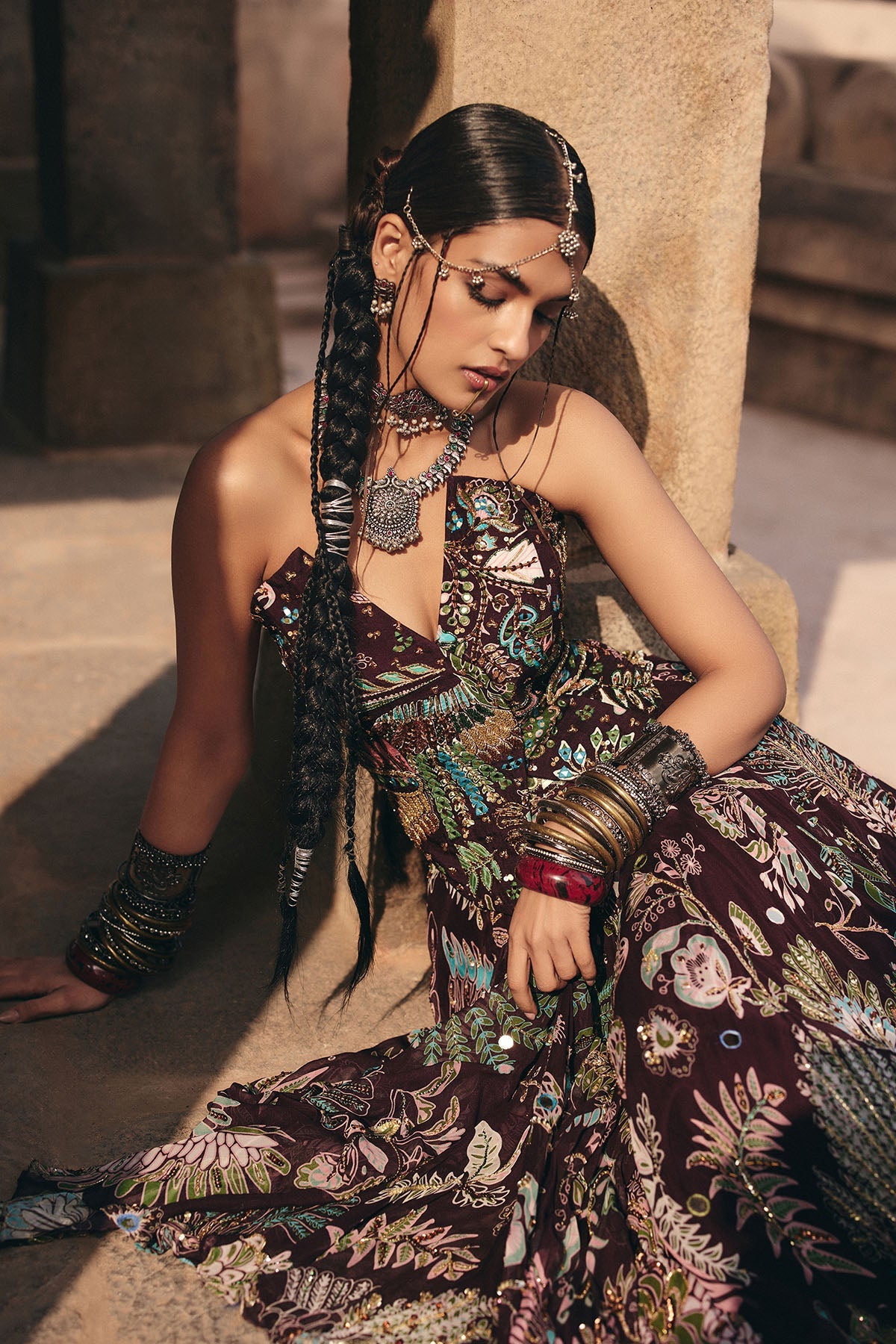 Plum Printed And Highlighted Corset Lehenga Set