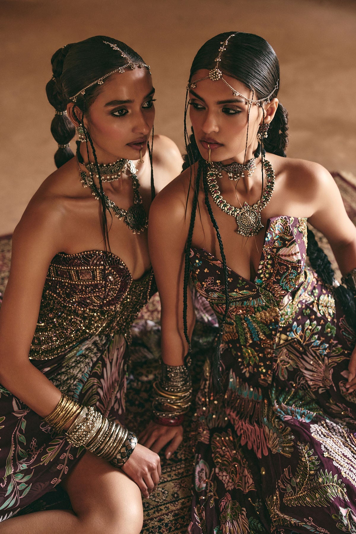 Plum Printed And Embroidered Drape Gown Saree