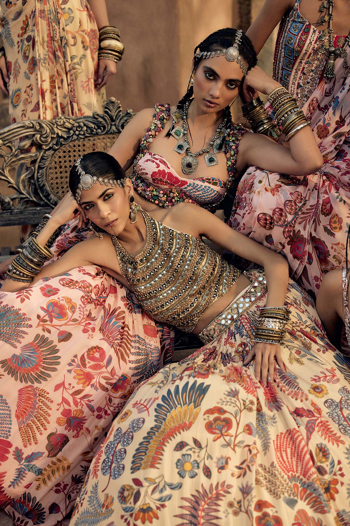 Blush Pink Stone Embroidered Blouse With Printed Lehenga Set