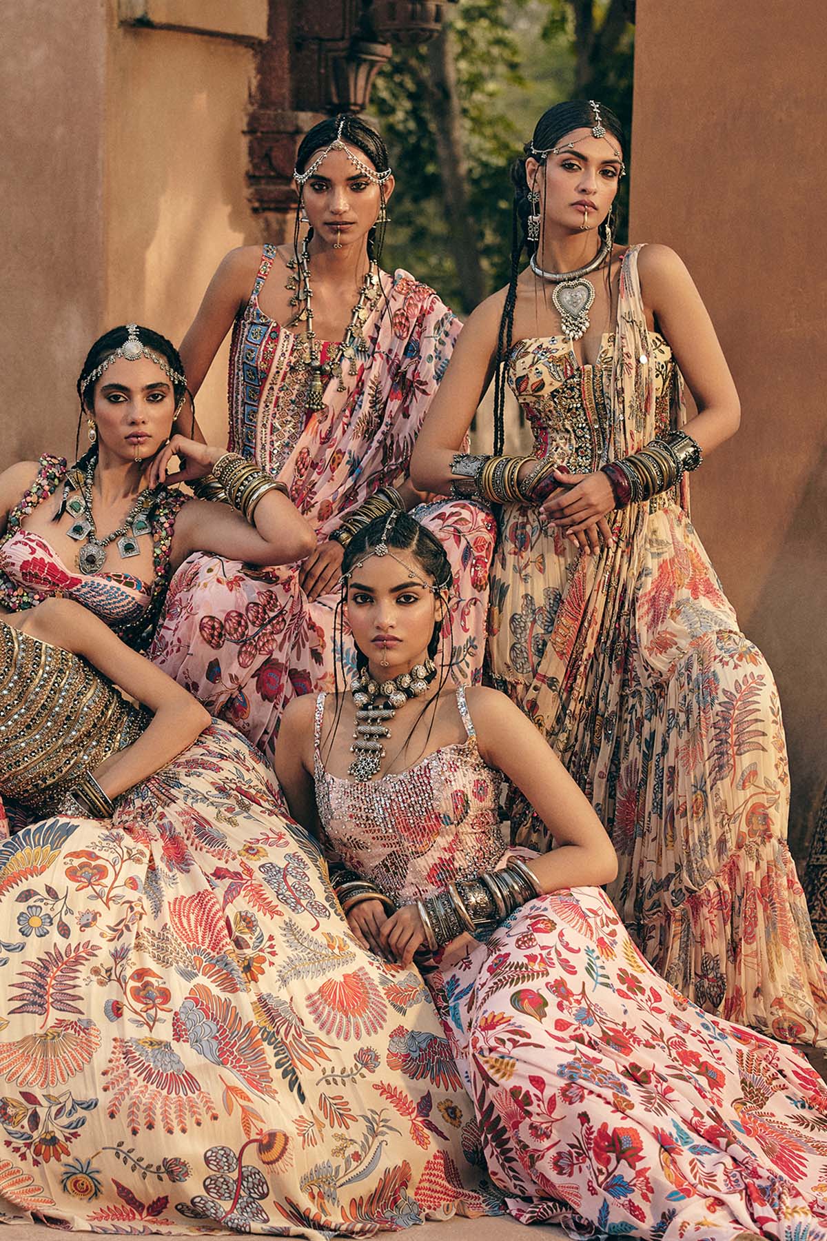 Beige Printed And Highlighted Blouse Skirt Saree Set