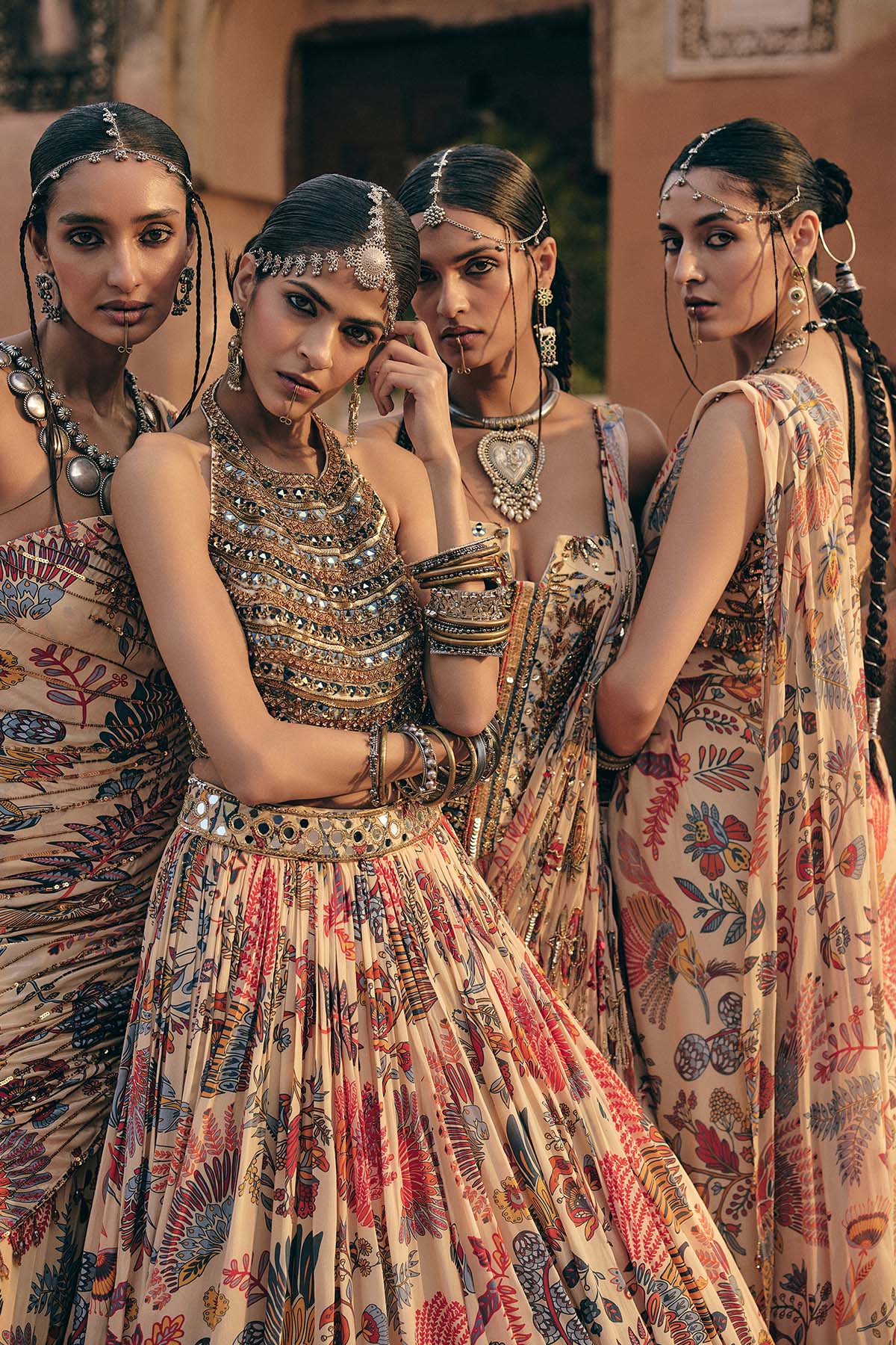 Beige Embroidered Blouse With Printed And Embroidered Lehenga Set