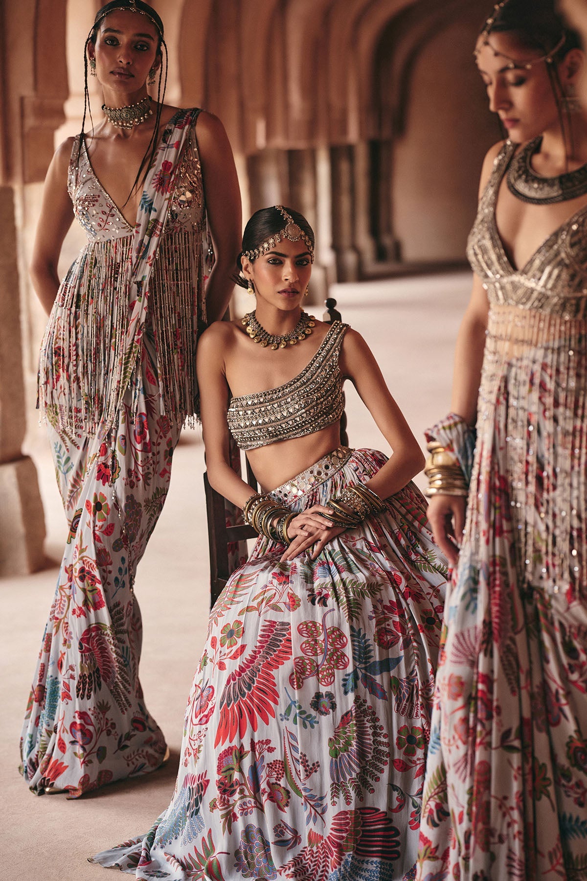 Slate Grey Embroidered Blouse With Printed Lehenga Set