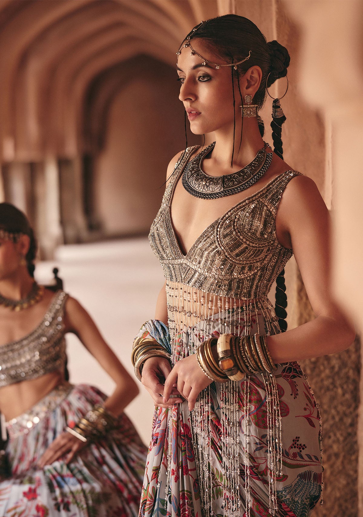 Slate Grey Embroidered Blouse With Dhoti Skirt Saree Set