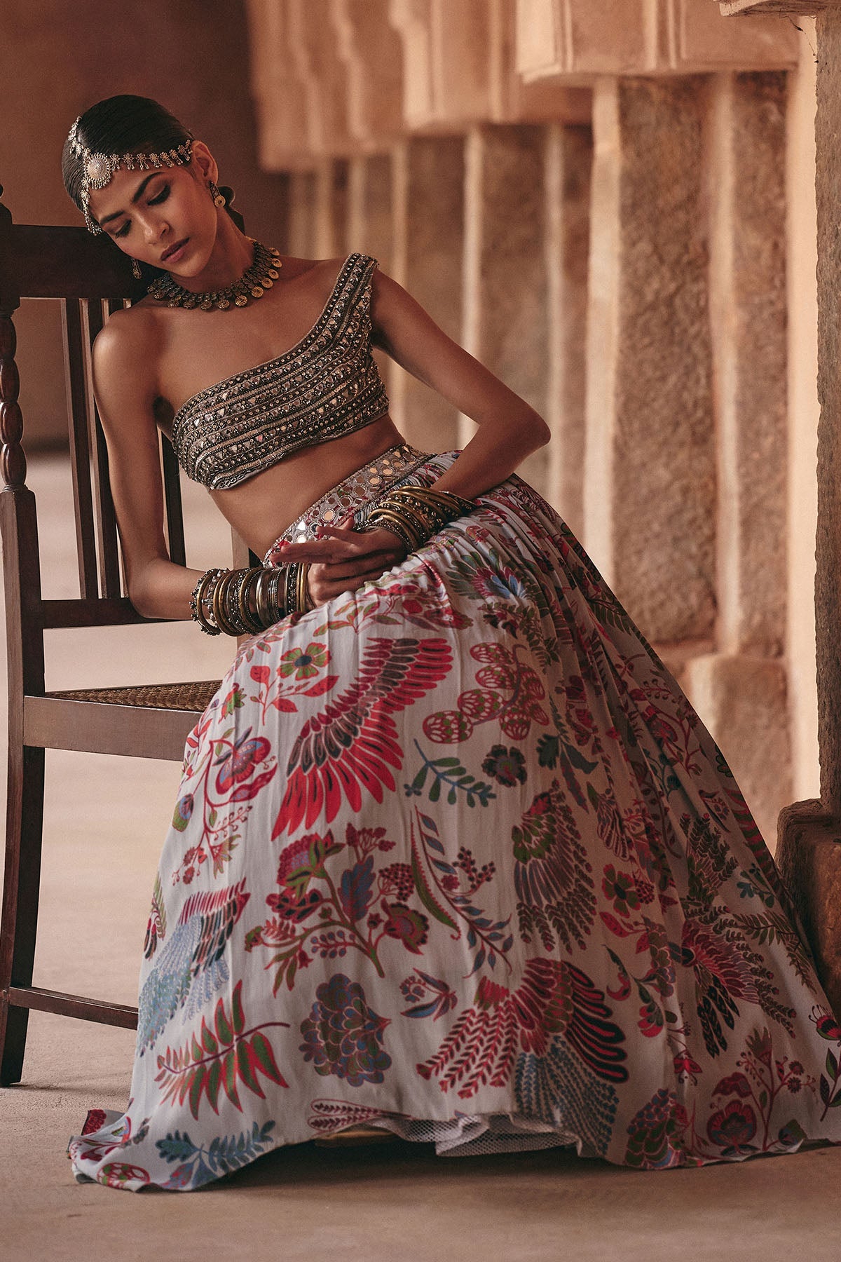 Slate Grey Embroidered Blouse With Printed Lehenga Set