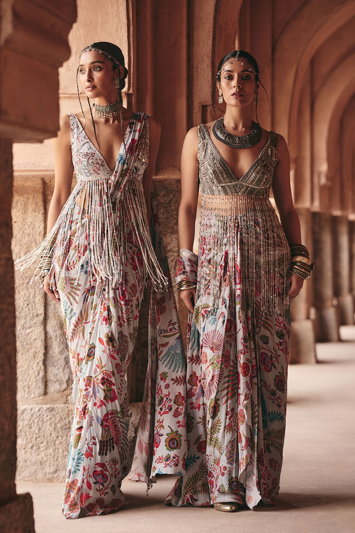 Slate Grey Embroidered Blouse With Dhoti Skirt Saree Set