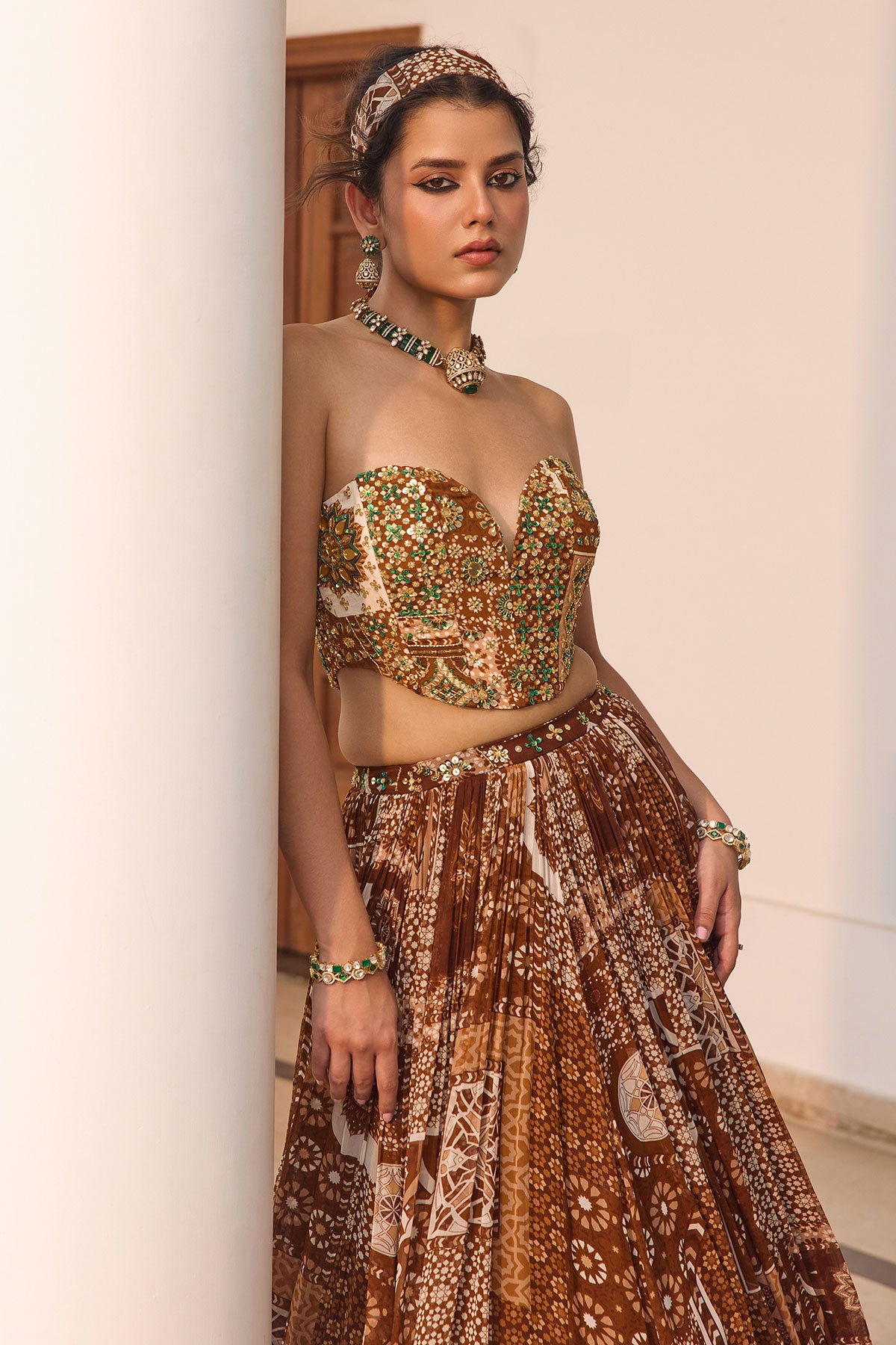 Caramel Print And Highlighted Corset Top With Lehenga Set