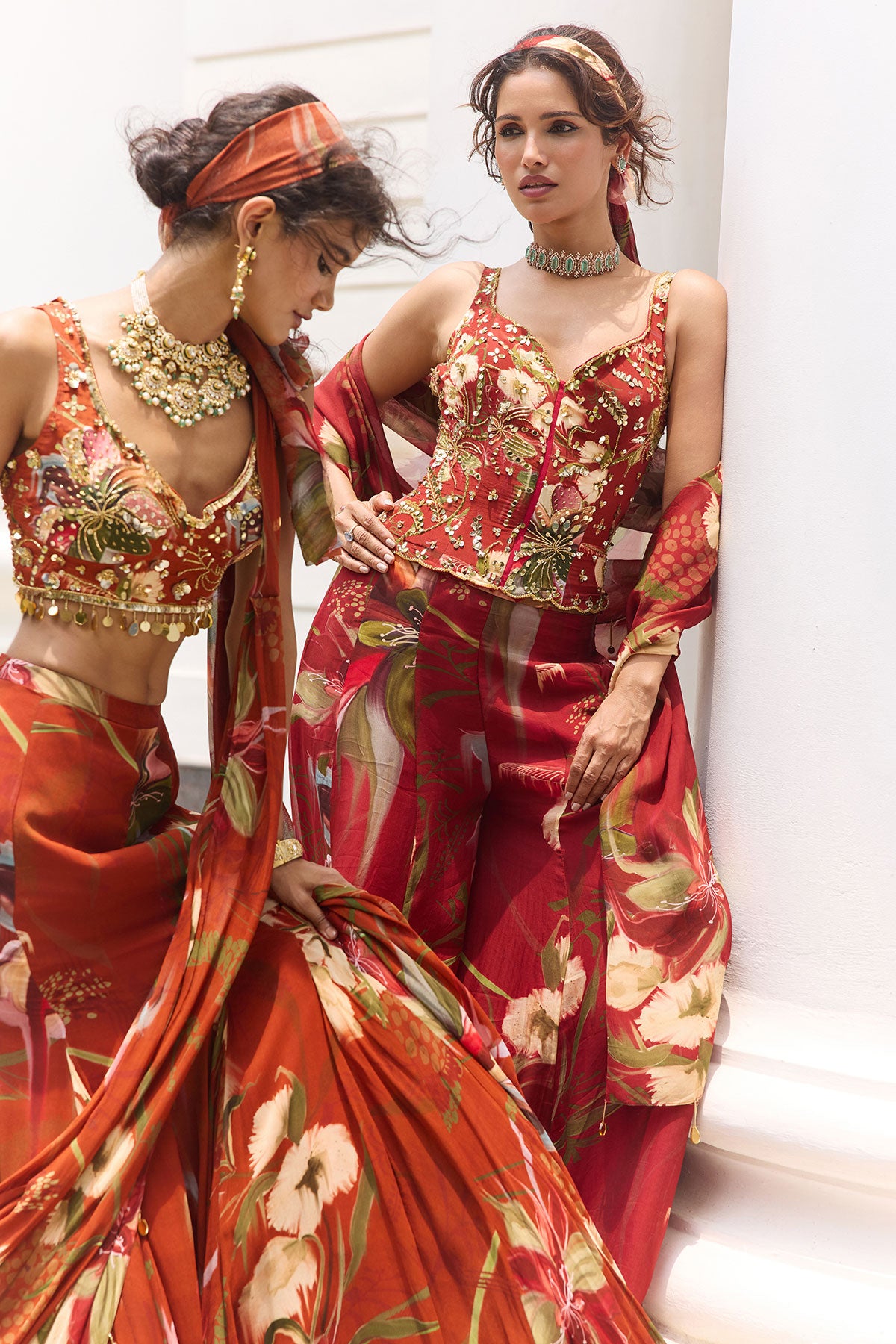 Rust Floral Print And Highlighted  Mermaid Saree  Set