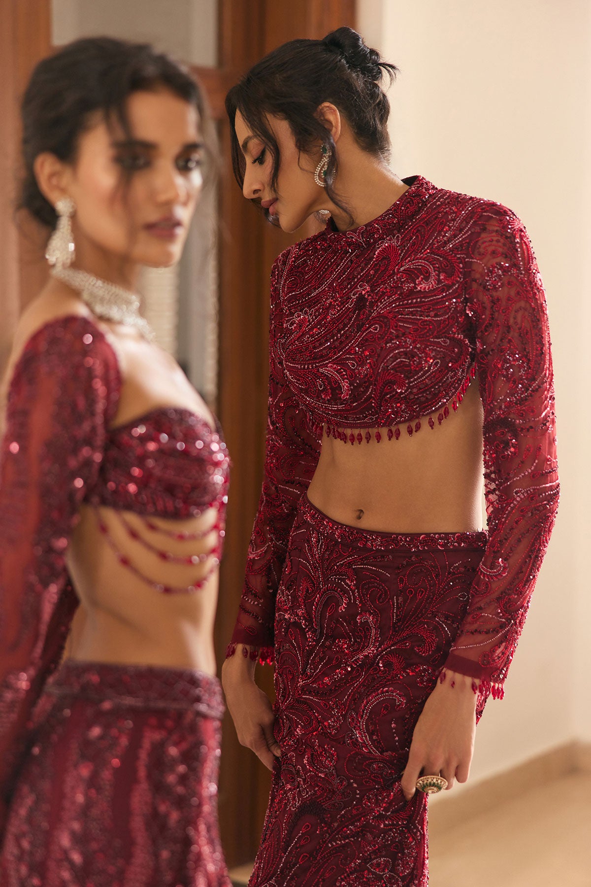 Malika Arora in Maroon Embellished Trail Skirt Set