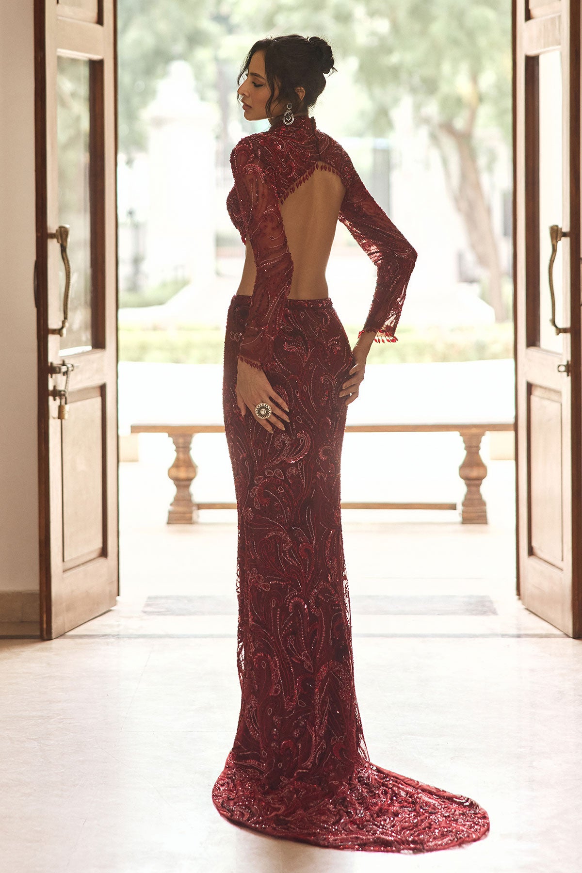 Malika Arora in Maroon Embellished Trail Skirt Set