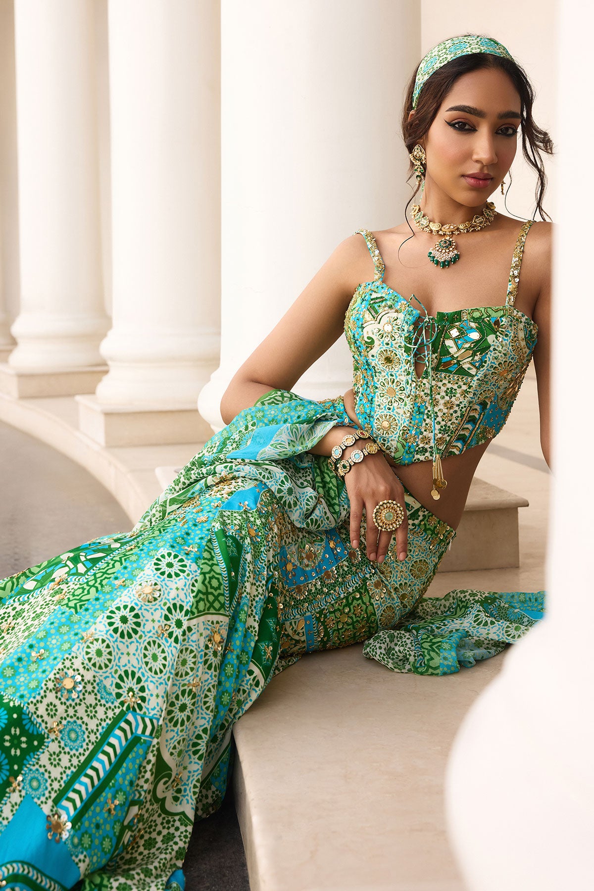 Aqua Print And Highlighted Corset Mermaid Skirt Set