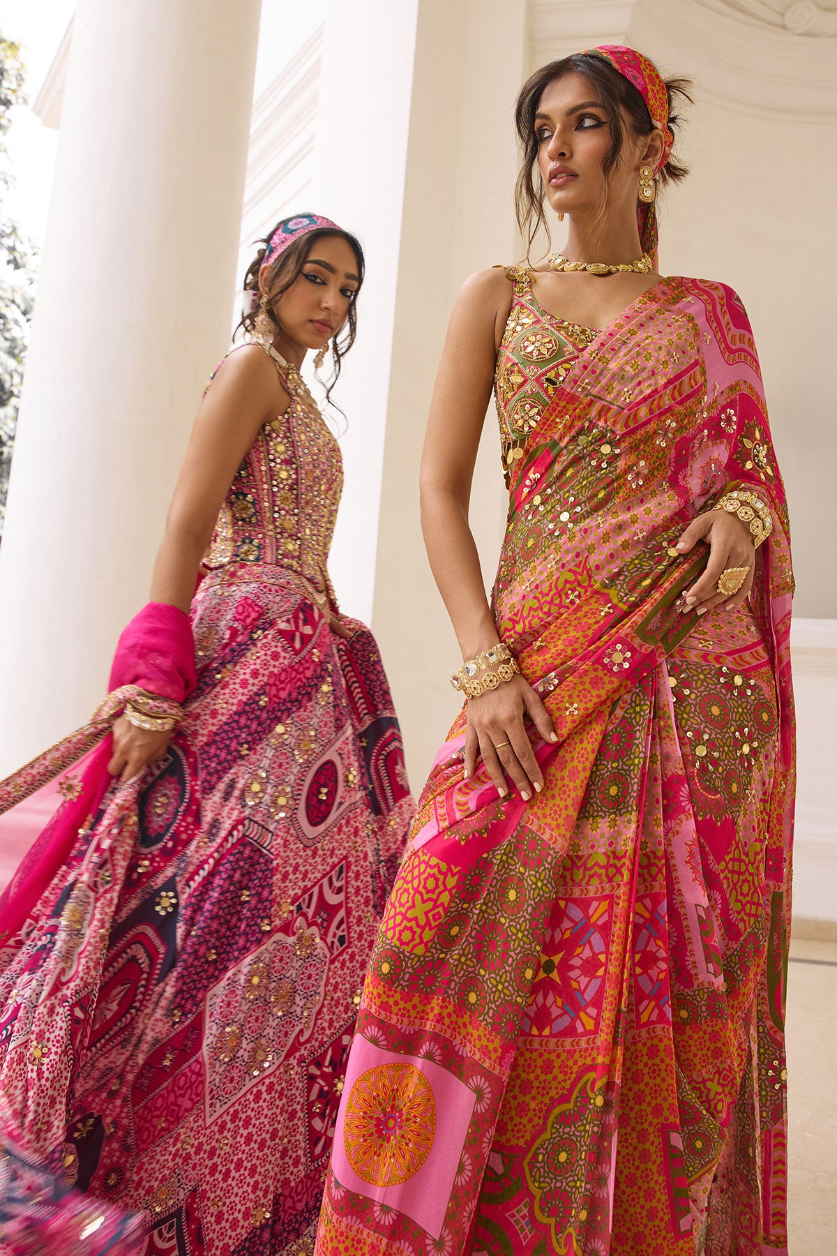 Sage Butta Print And Highlighted One-Shoulder Blouse With Yellow-Fuschia Pre-Draped Classic Saree Set