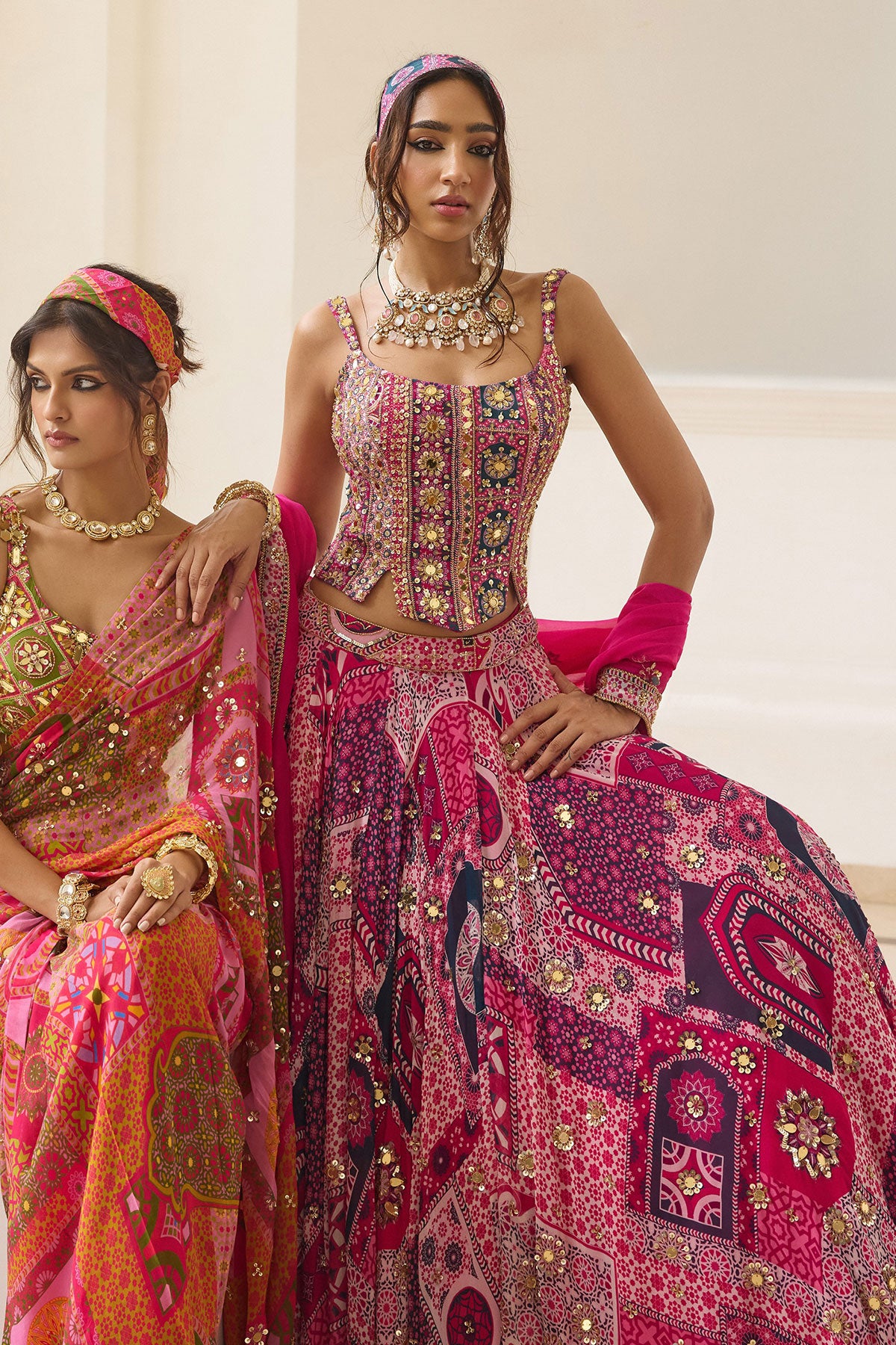Fuschia Print And Highlighted Corset Blouse Lehenga Set
