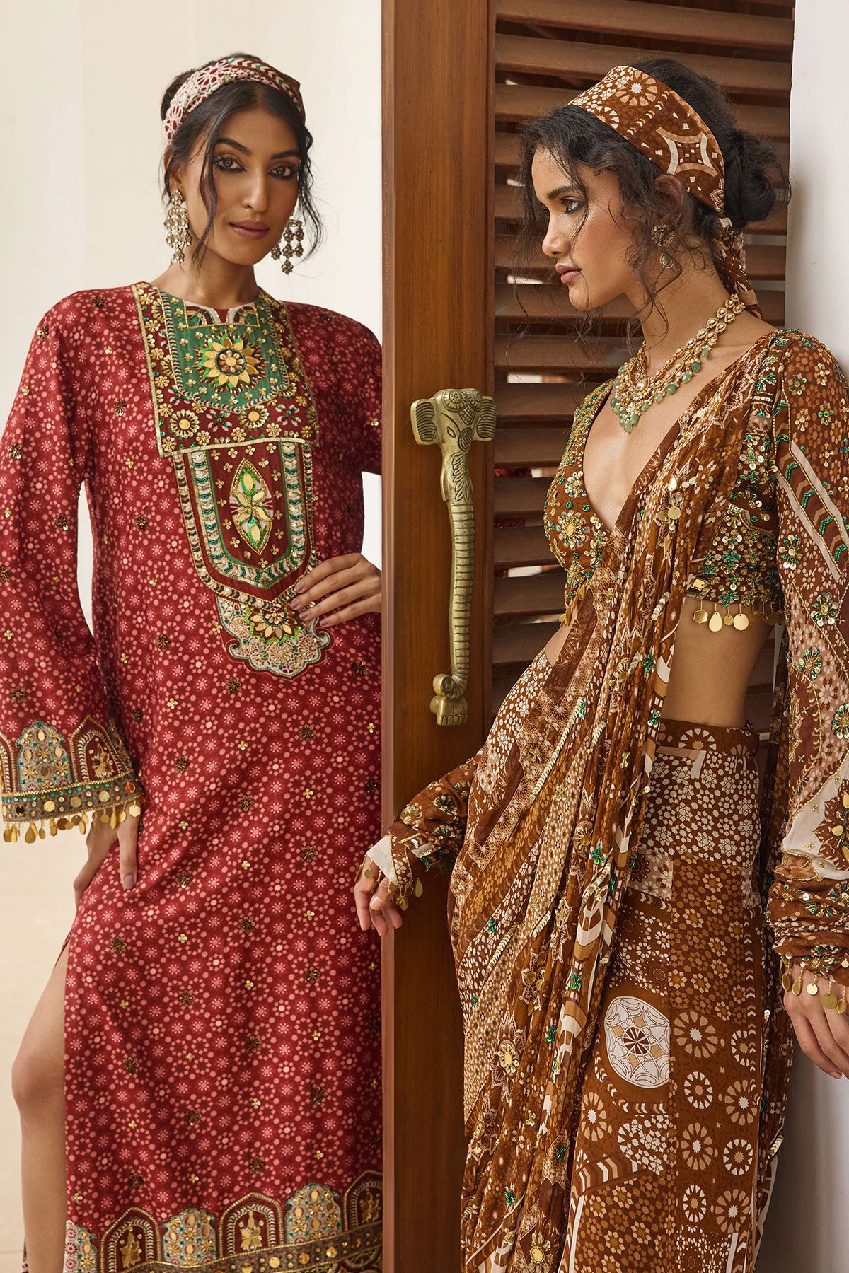 Sage-Maroon Print And Highlighted Kaftan