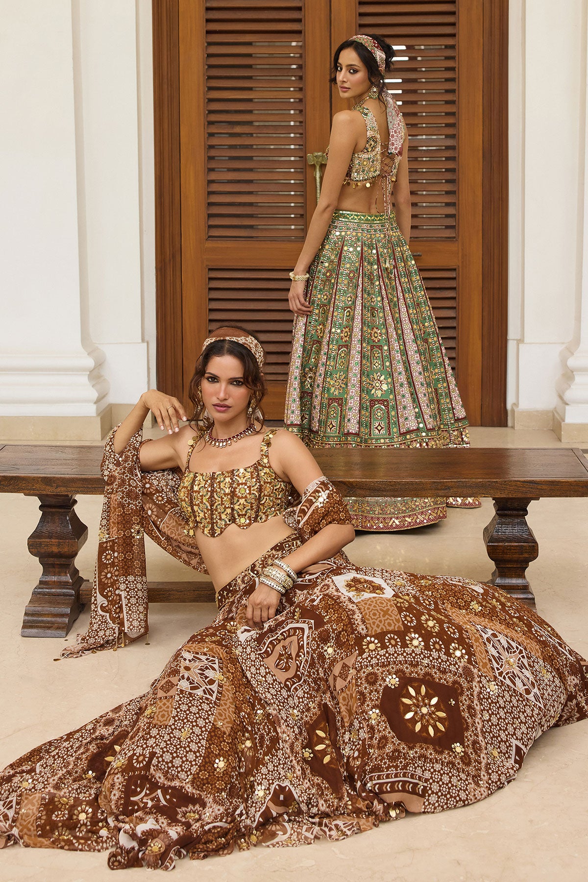 Sage-Maroon Print And Highlighted Lehenga Set