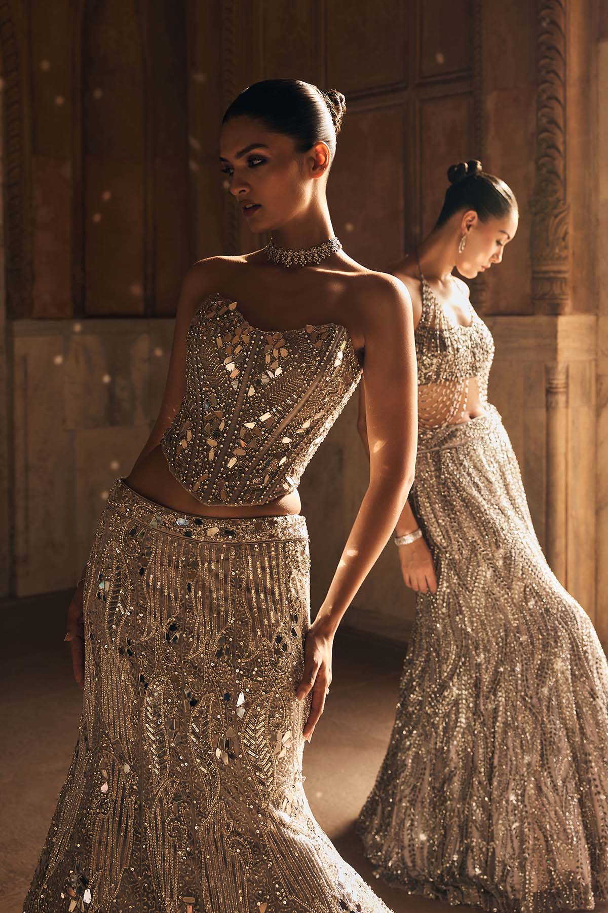 SILVER MIRROR EMBELLISHED TRAIL MERMAID SKIRT SET