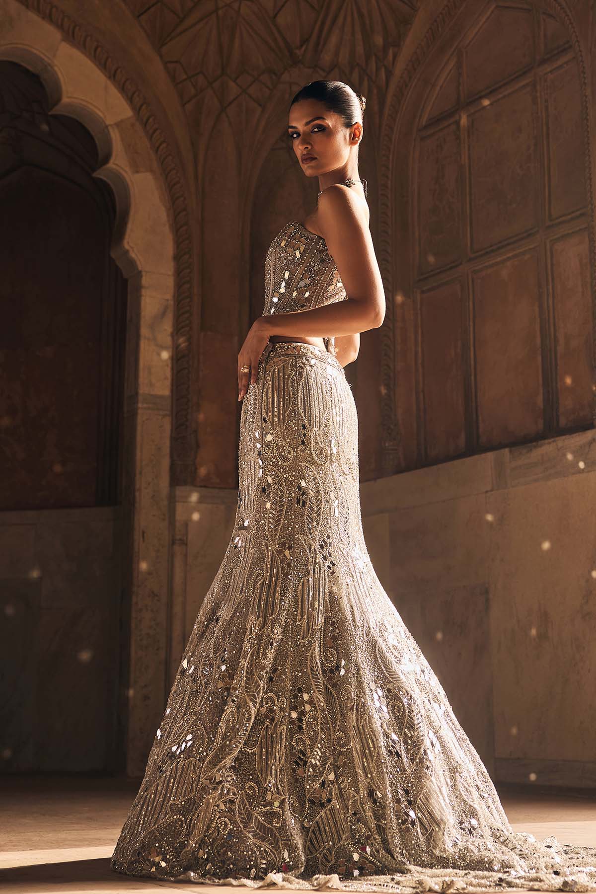 SILVER MIRROR EMBELLISHED TRAIL MERMAID SKIRT SET