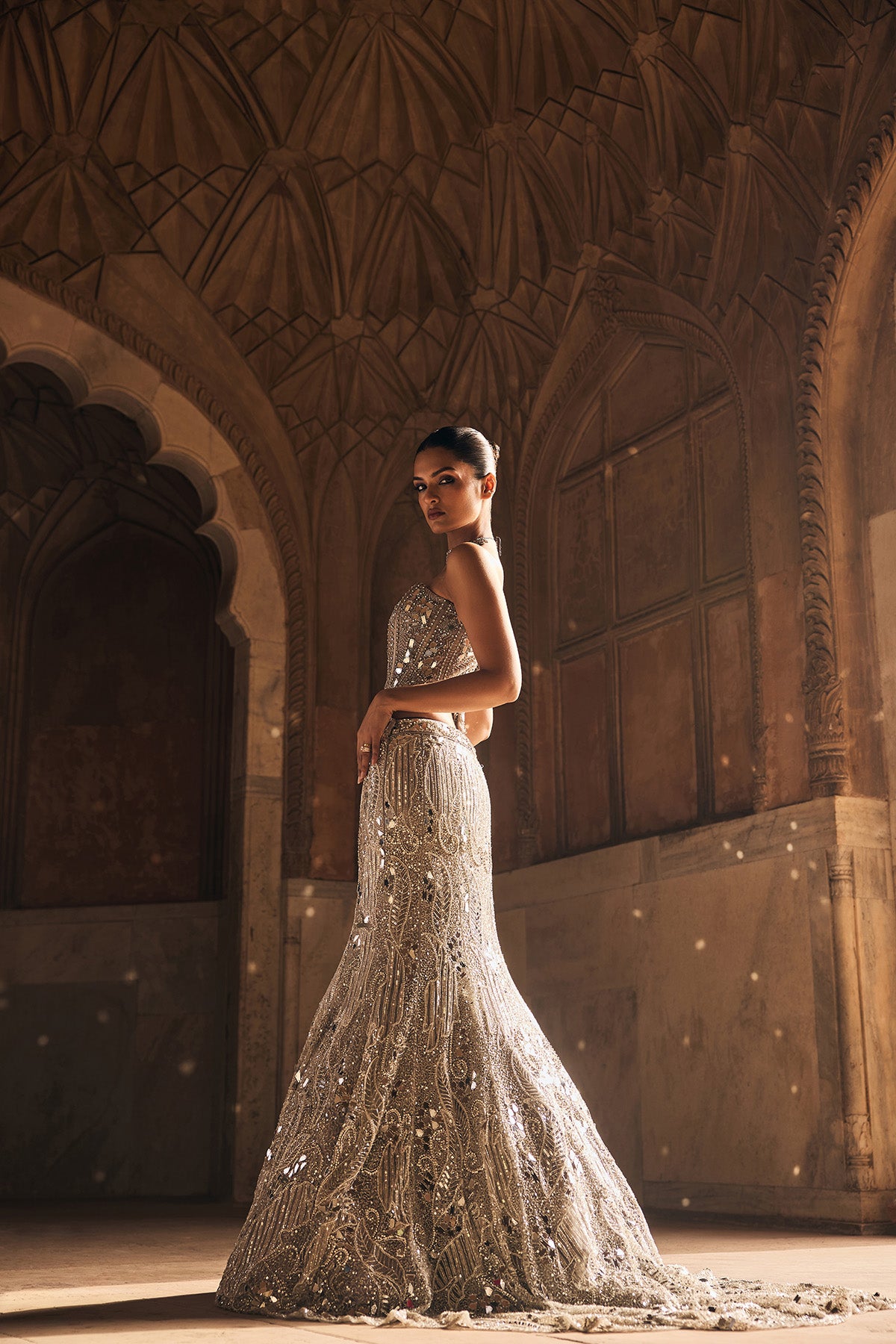 SILVER MIRROR EMBELLISHED TRAIL MERMAID SKIRT SET