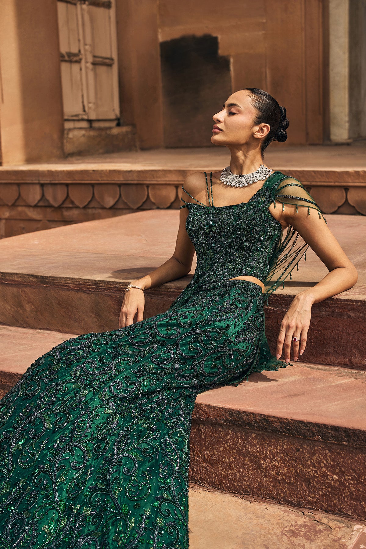 BOTTLE GREEN EMBELLISHED CORSET SAREE SET