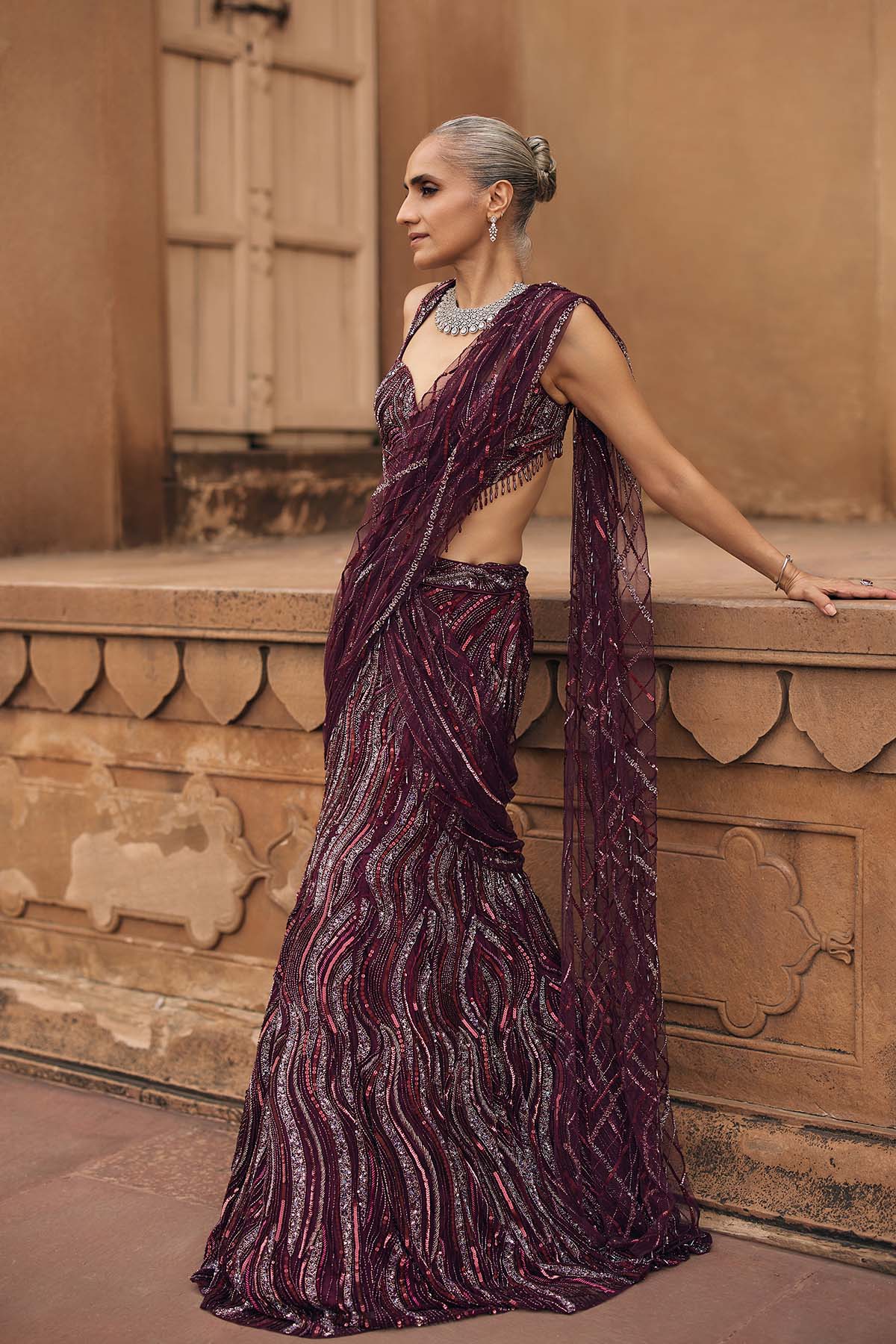 PLUM WAVE EMBELLISHED SAREE SET