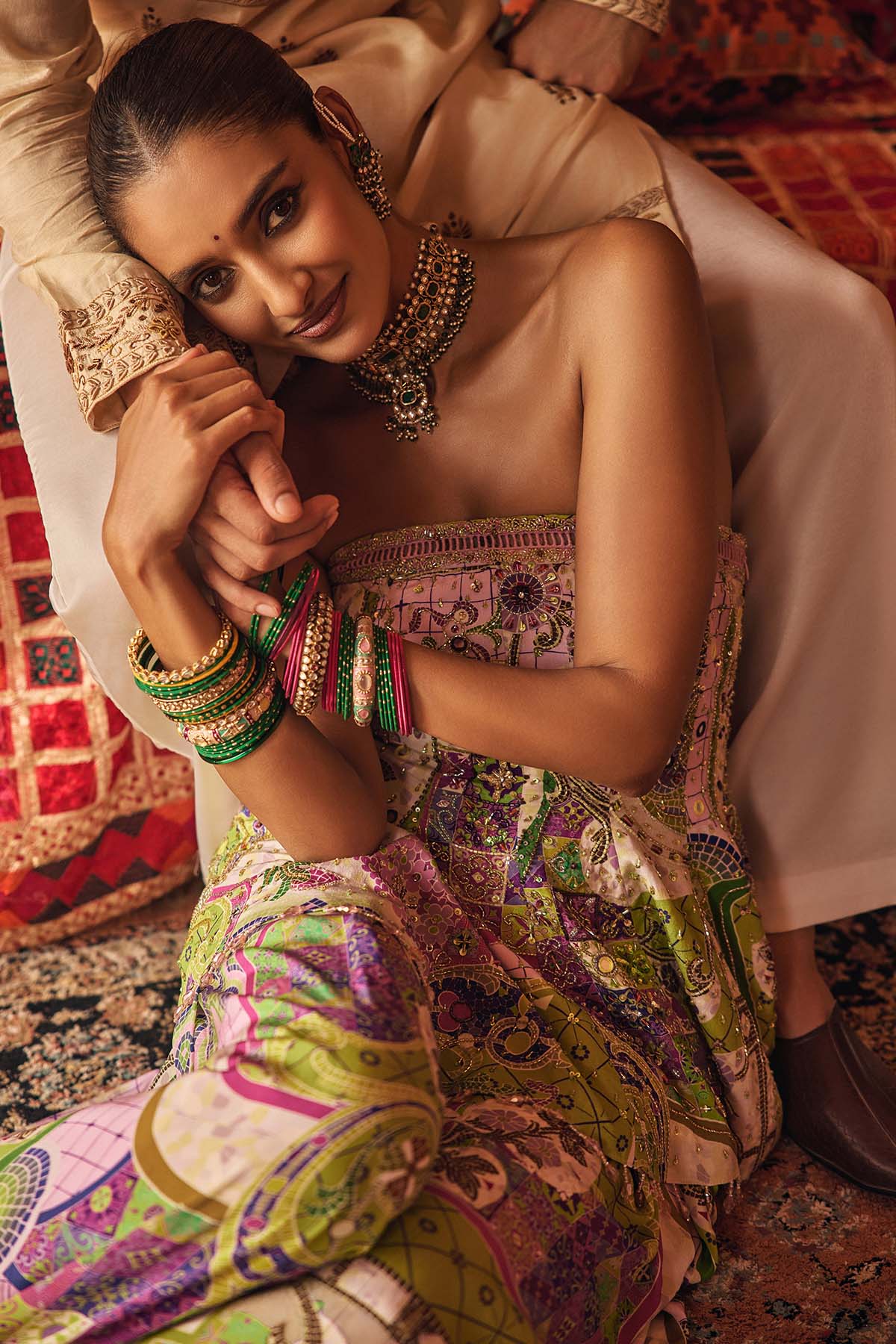 BUBBLEGUM MOSAIC PEPLUM KURTI WITH BOX-PLEAT PANTS & DRAPED DUPATTA SET