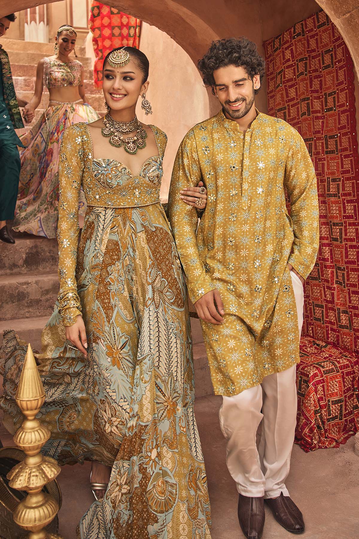 YELLOW FLORAL ANARKALI WITH EMBROIDERED SOLID DUPATTA SET