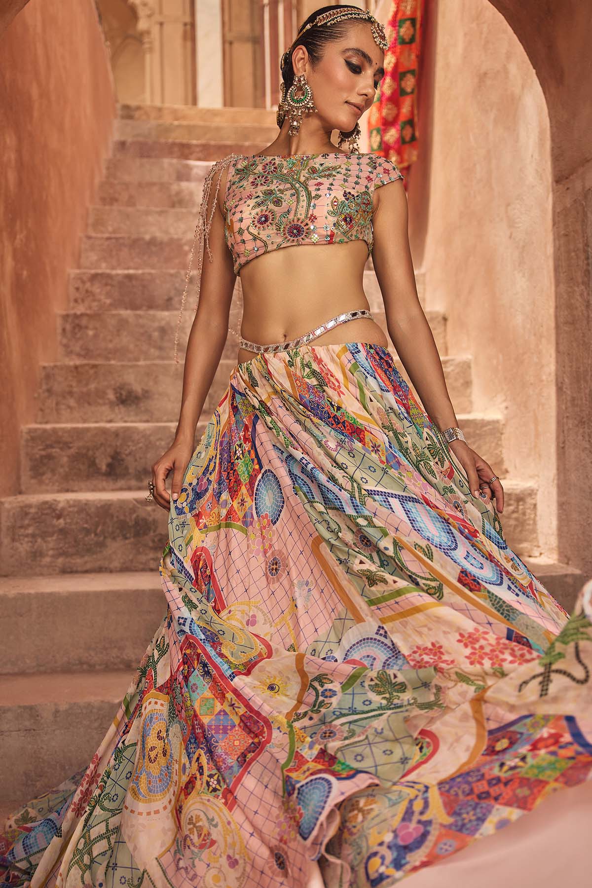 BLUSH PINK MOSAIC ASYMMETRIC BLOUSE WITH TASSELS & PRINTED SKIRT SET