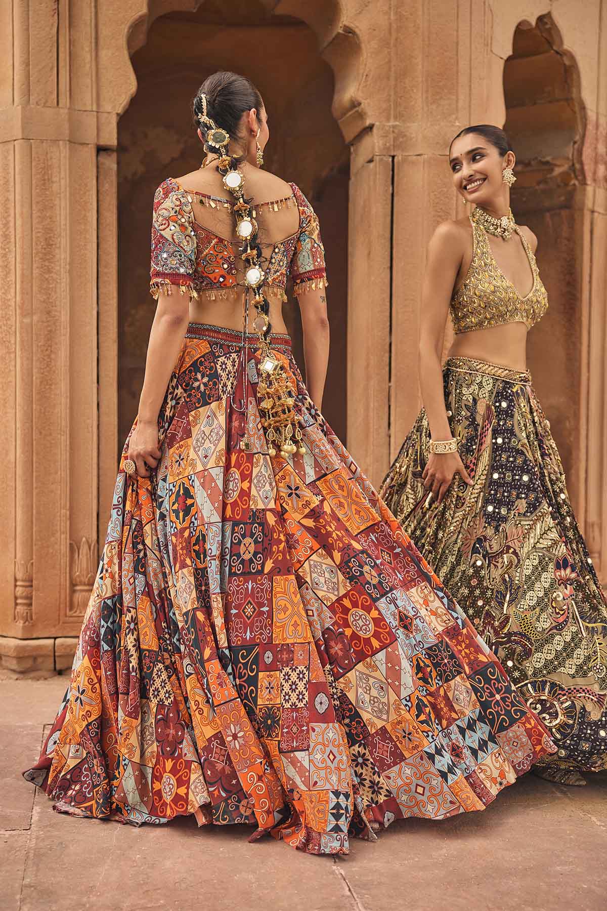 RUST HIGHLIGHTED BLOUSE WITH LEHENGA & EMBROIDERED DUPATTA SET
