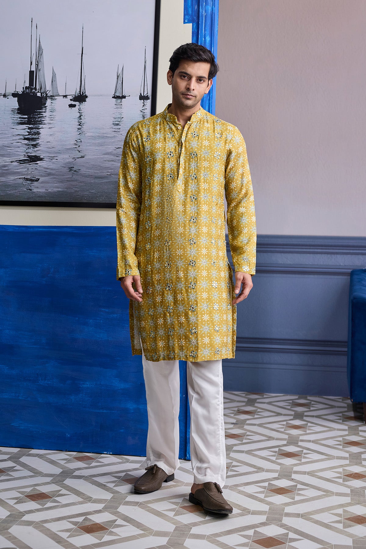 YELLOW BUTTA PRINT HIGHLIGHTED KURTA WITH IVORY PANTS