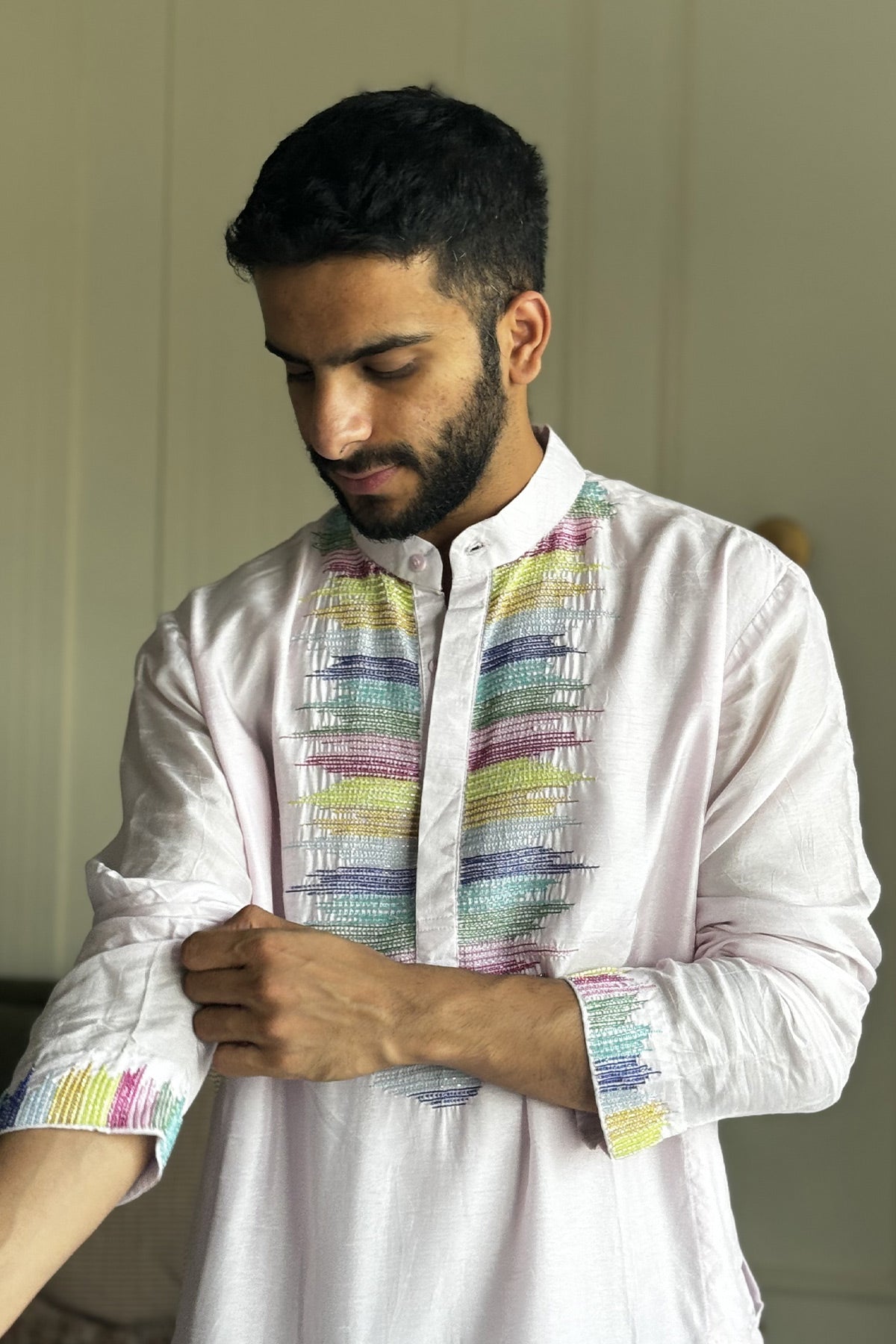 Vishnu Kaushal in Multicoloured Thread and Cutdana Embroidred Blush Pink Kurta and Pant